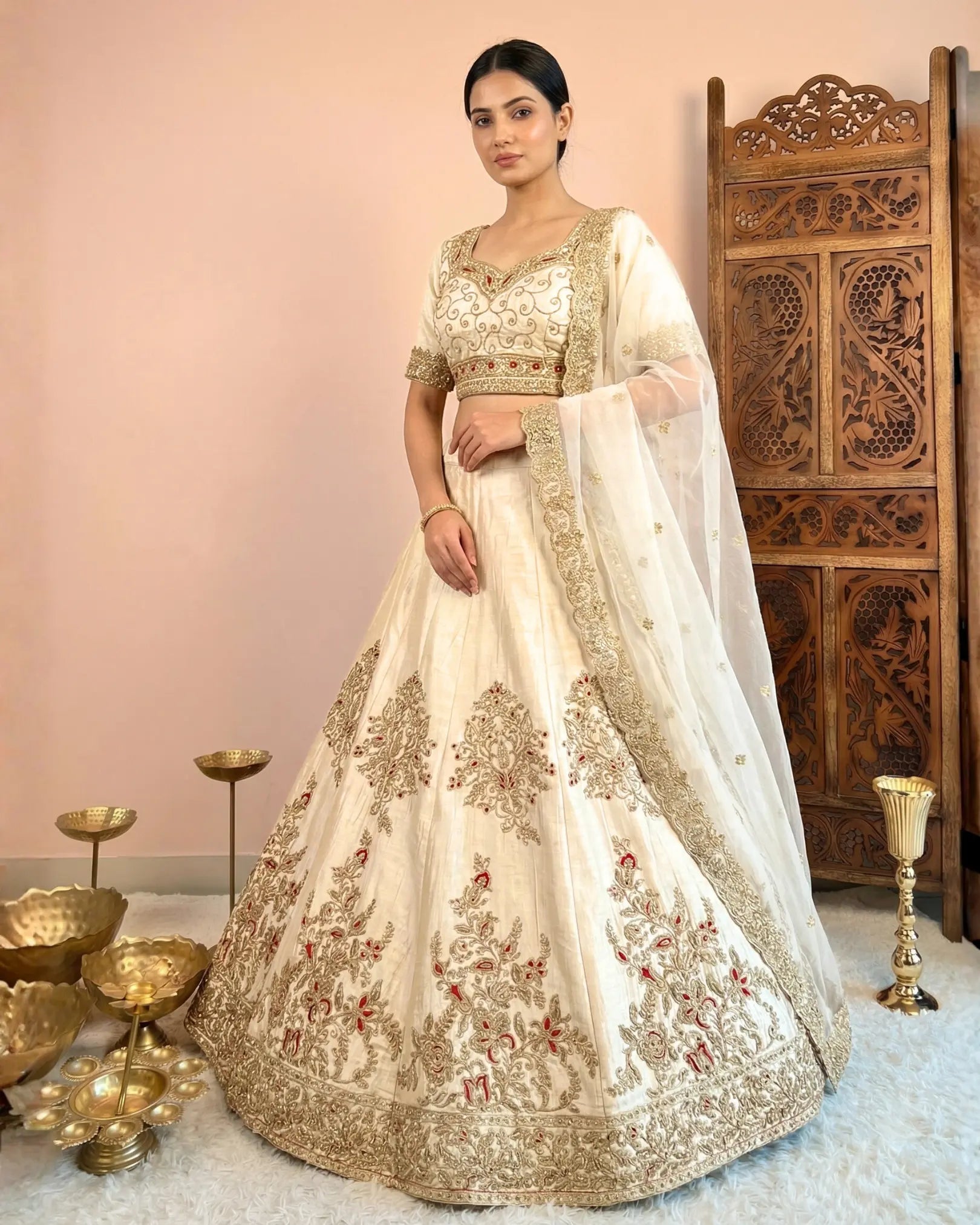 Cream-Beige Raw-Silk Zari-Embroidery Kalidaar Lehenga, Blouse & Dupatta Set.