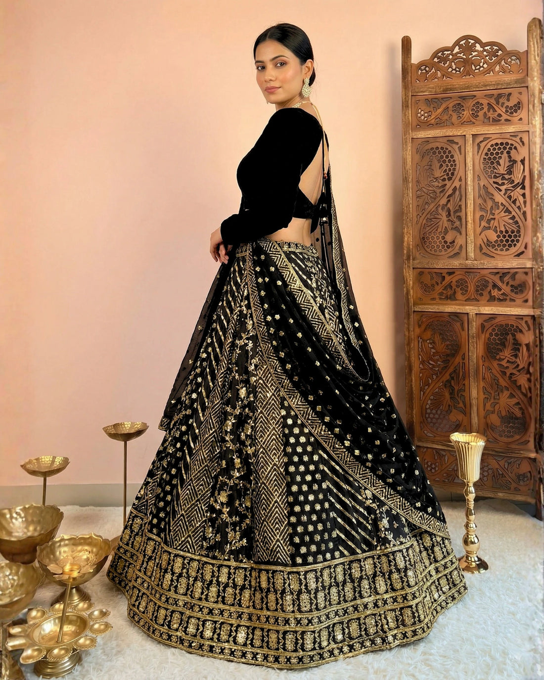 Black Brocade Mirror Work Lehenga Set - view 2