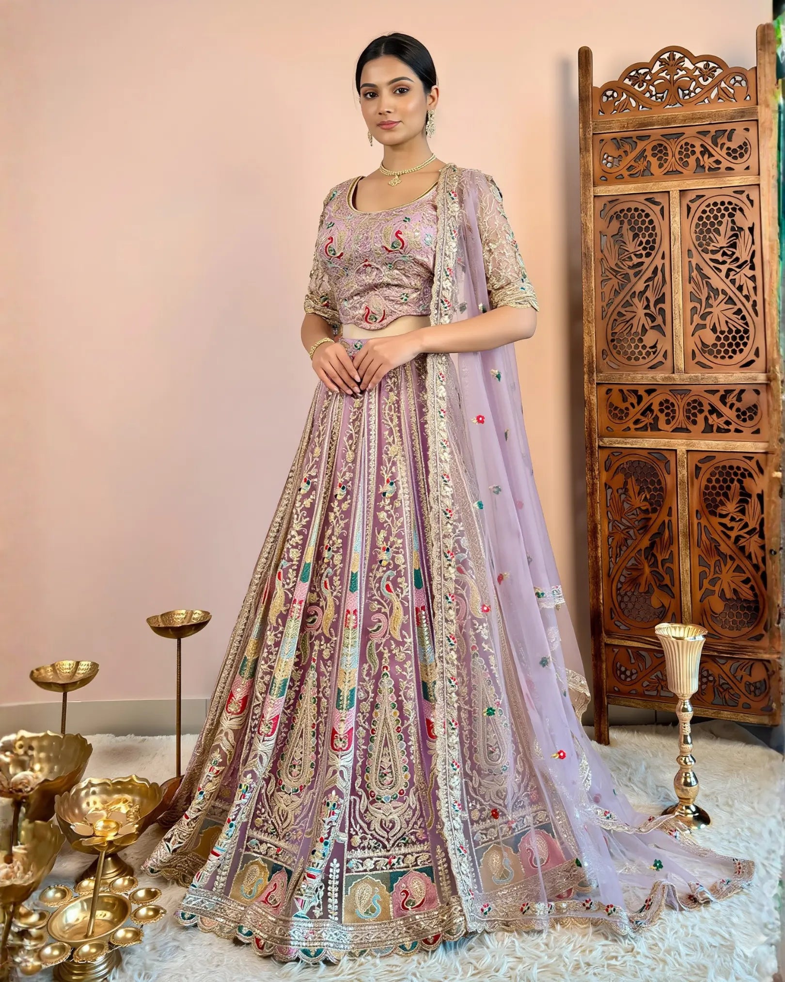 Baby-Pink-Lavender Heavy-Embroidered Premium-Net Lehenga-Skirt-Blouse-Dupatta-Set