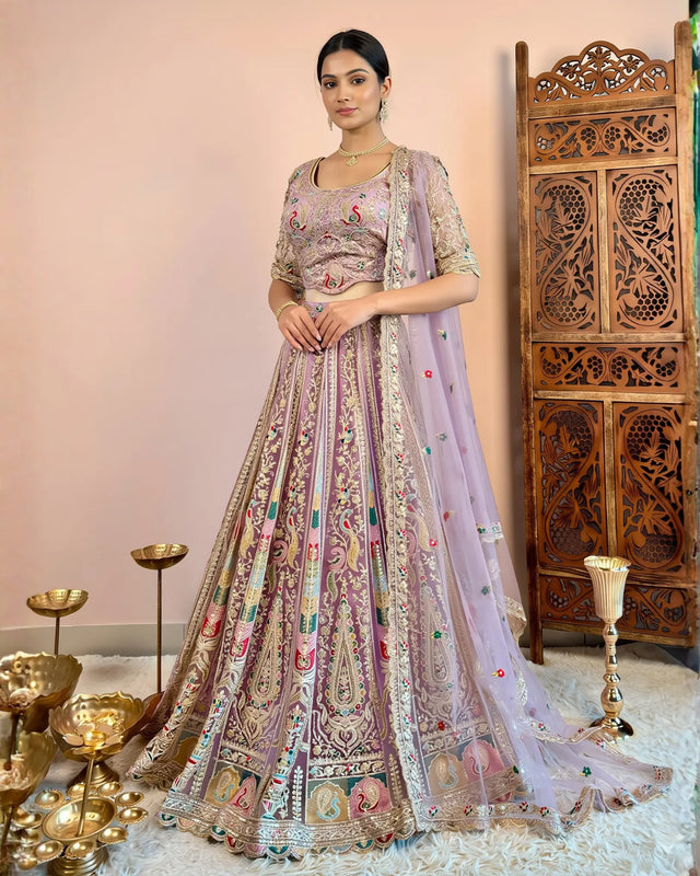 Baby Pink Lavender Net Embroidered Lehenga Set - view 1