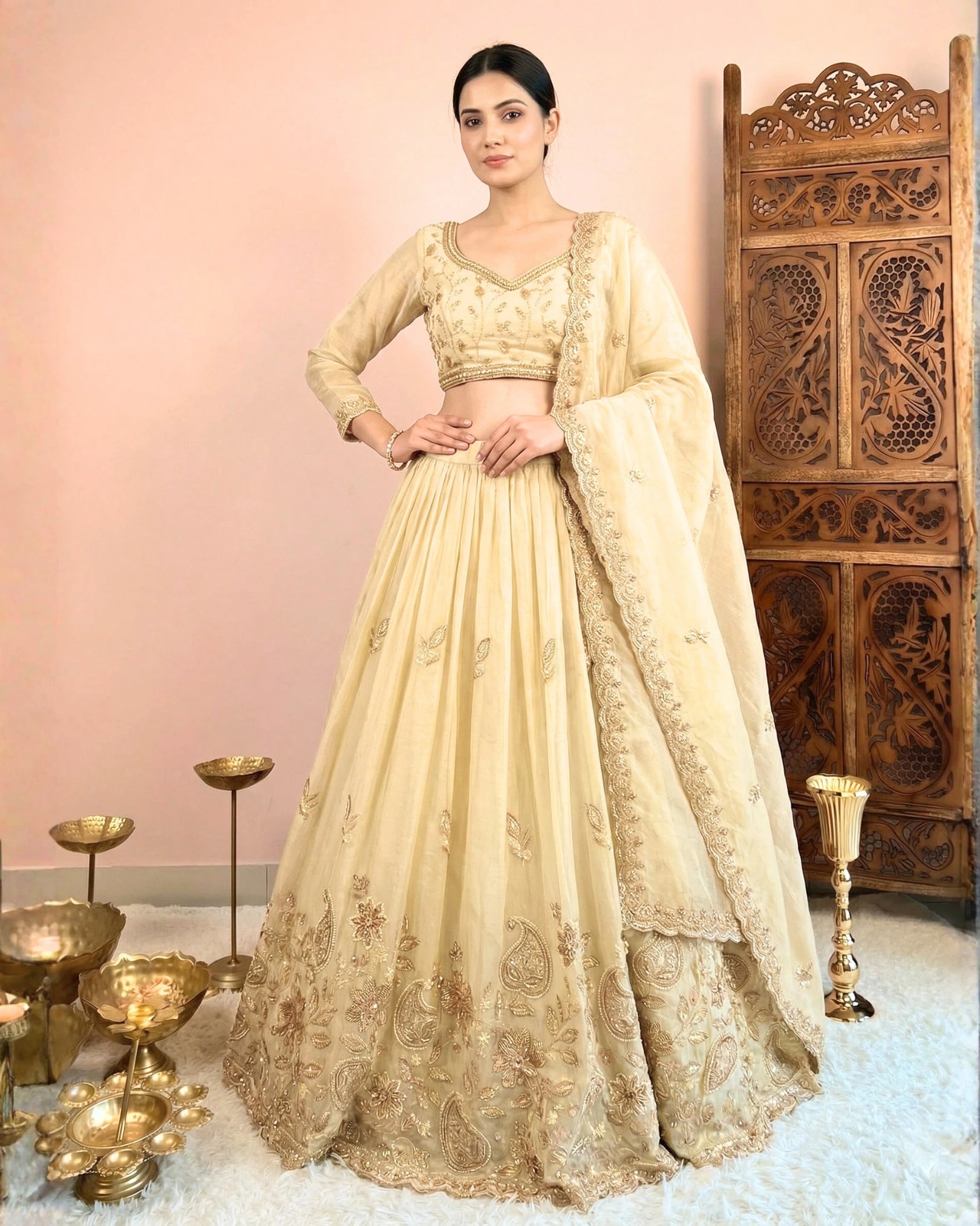 Cream Tissue-Silk Cutdana-Pearl-Embroidery Lehenga, Blouse & Dupatta Set.