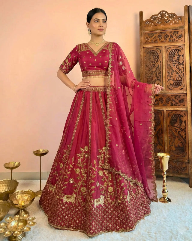 Dark Pink Crepe Silk Zari Lehenga Set - view 1