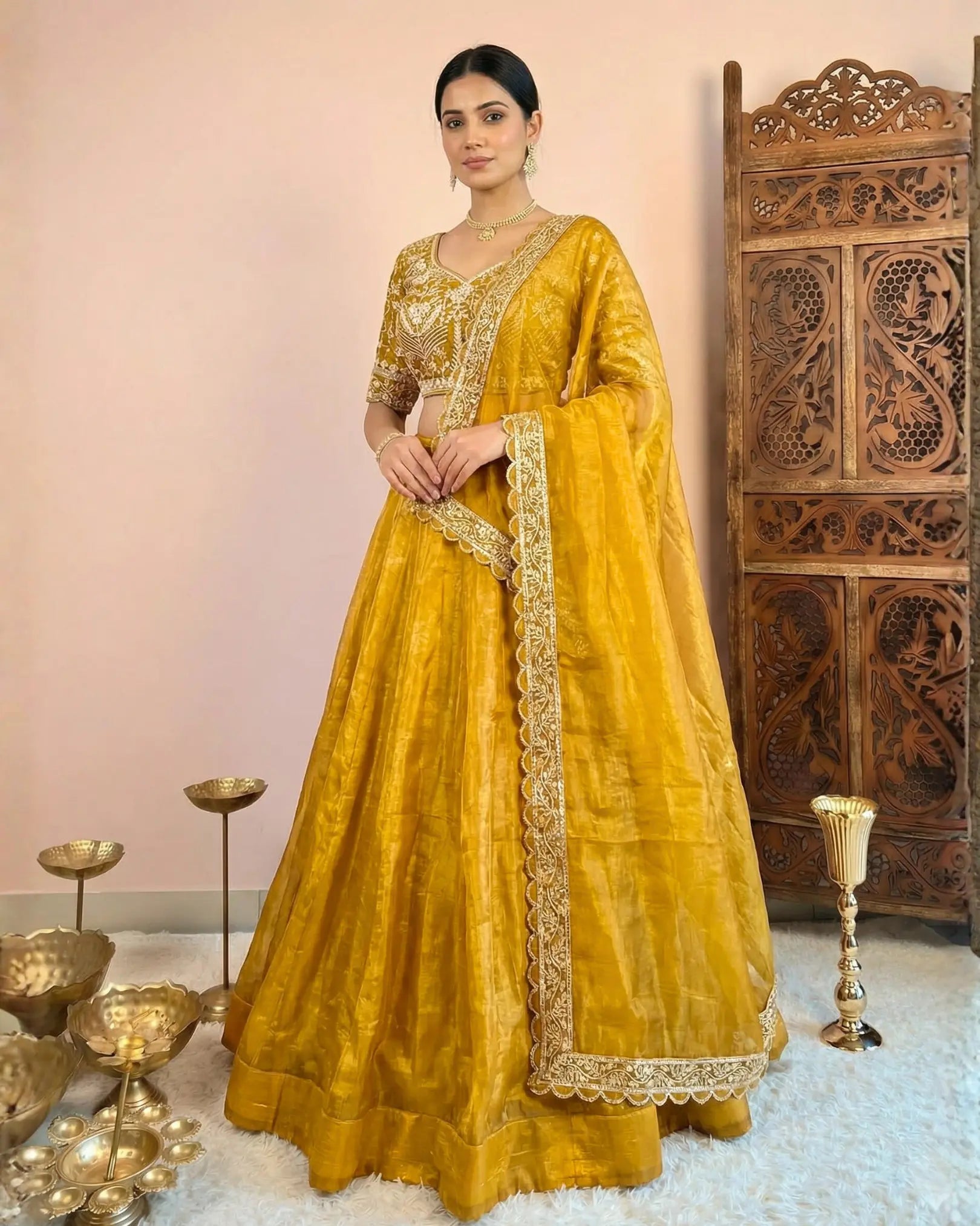 Yellow-Gold Tissue Embroidered Lehenga, Blouse & Dupatta Set.