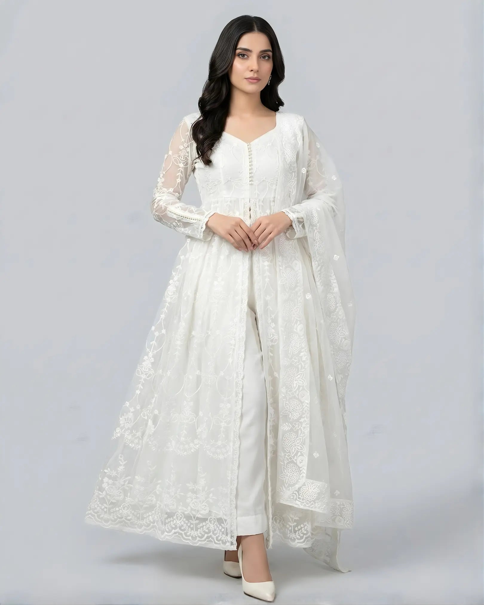 Pure-White Floral-Thread-Embroidery Front-Slit Anarkali Pants & Dupatta Set.