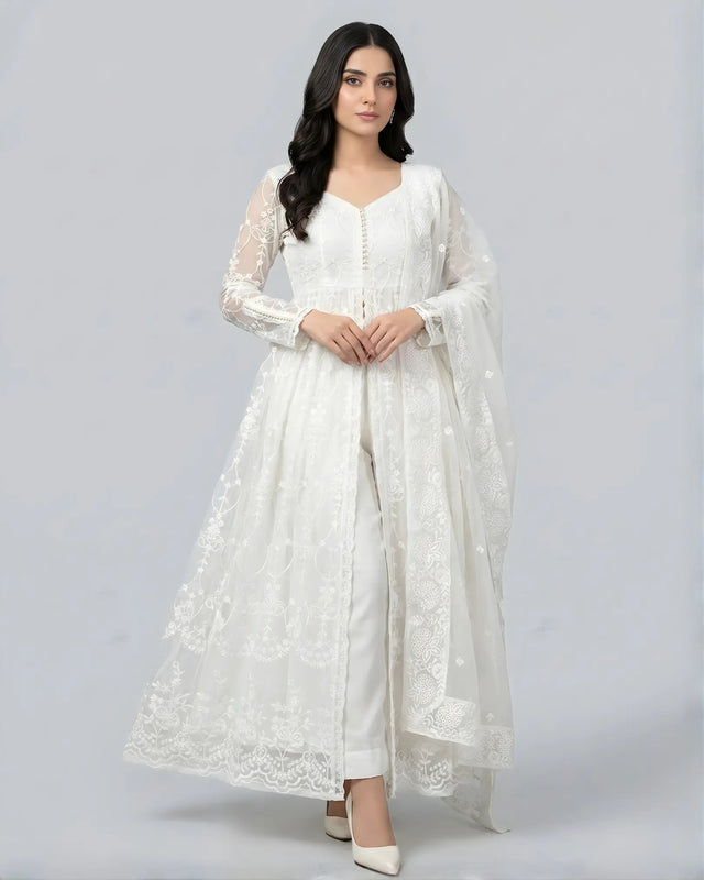 Pure White Thread Work Anarkali Pants Set - view 1