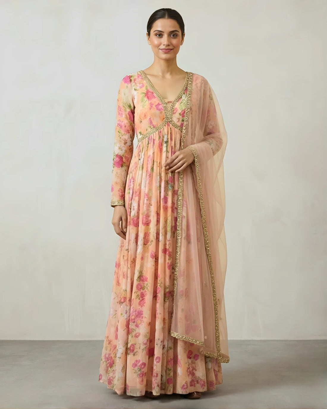 Peach Georgette Floral Anarkali Dress Set - view 3