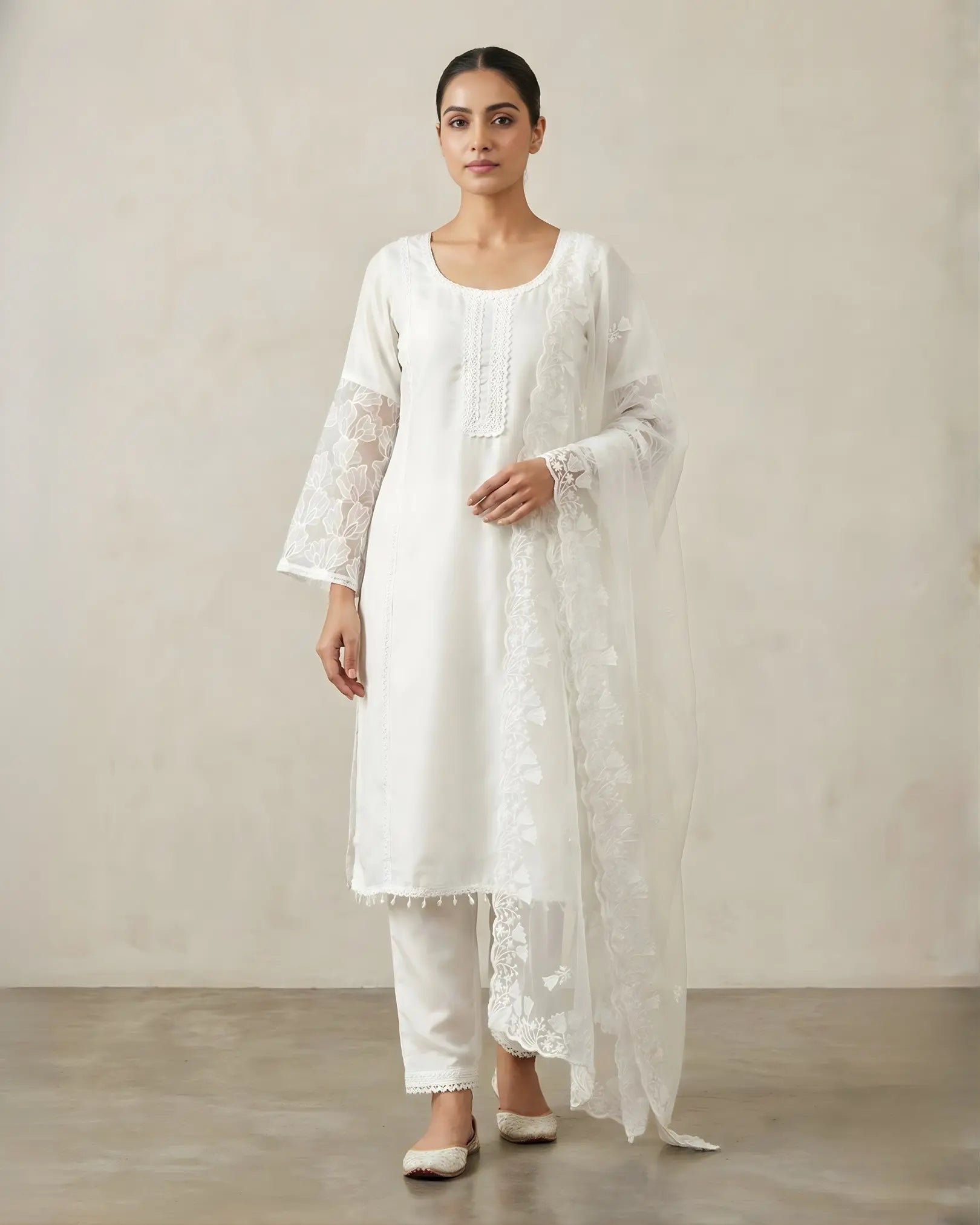 Pure-White Synthetic-Silk Crochet-Lace-Embroidery Straight Suit Pants & Dupatta Set.