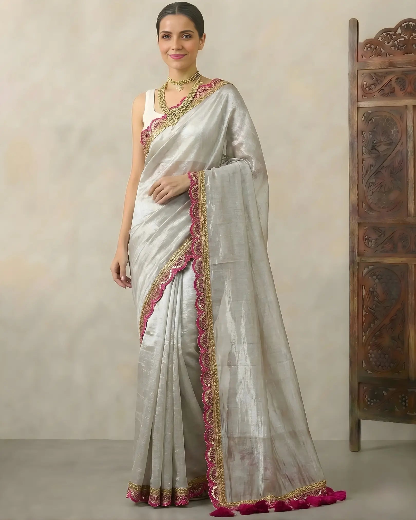 Greyish-Silver Cotton-Tissue Fancy-Border Handloom Bengal-Saree