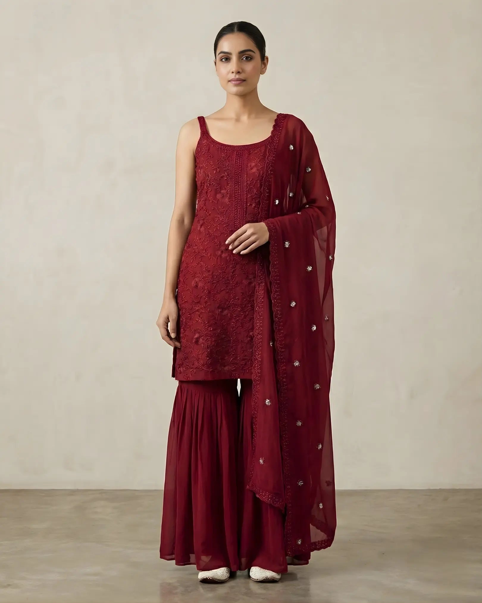 Maroon Georgette Thread-Self-Embroidery Kurti Gharara Pants & Dupatta Set.