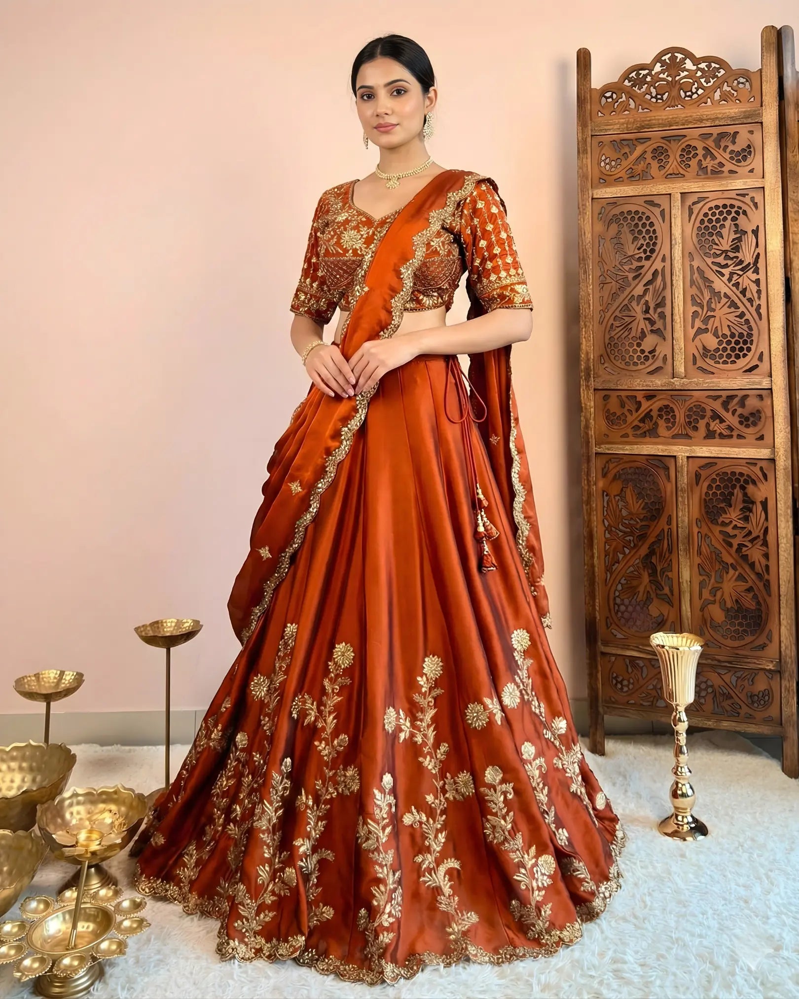 Burnt-Orange Soft-Tissue Zari-Embroidery Kalidaar-Lehenga, Blouse & Dupatta Set.