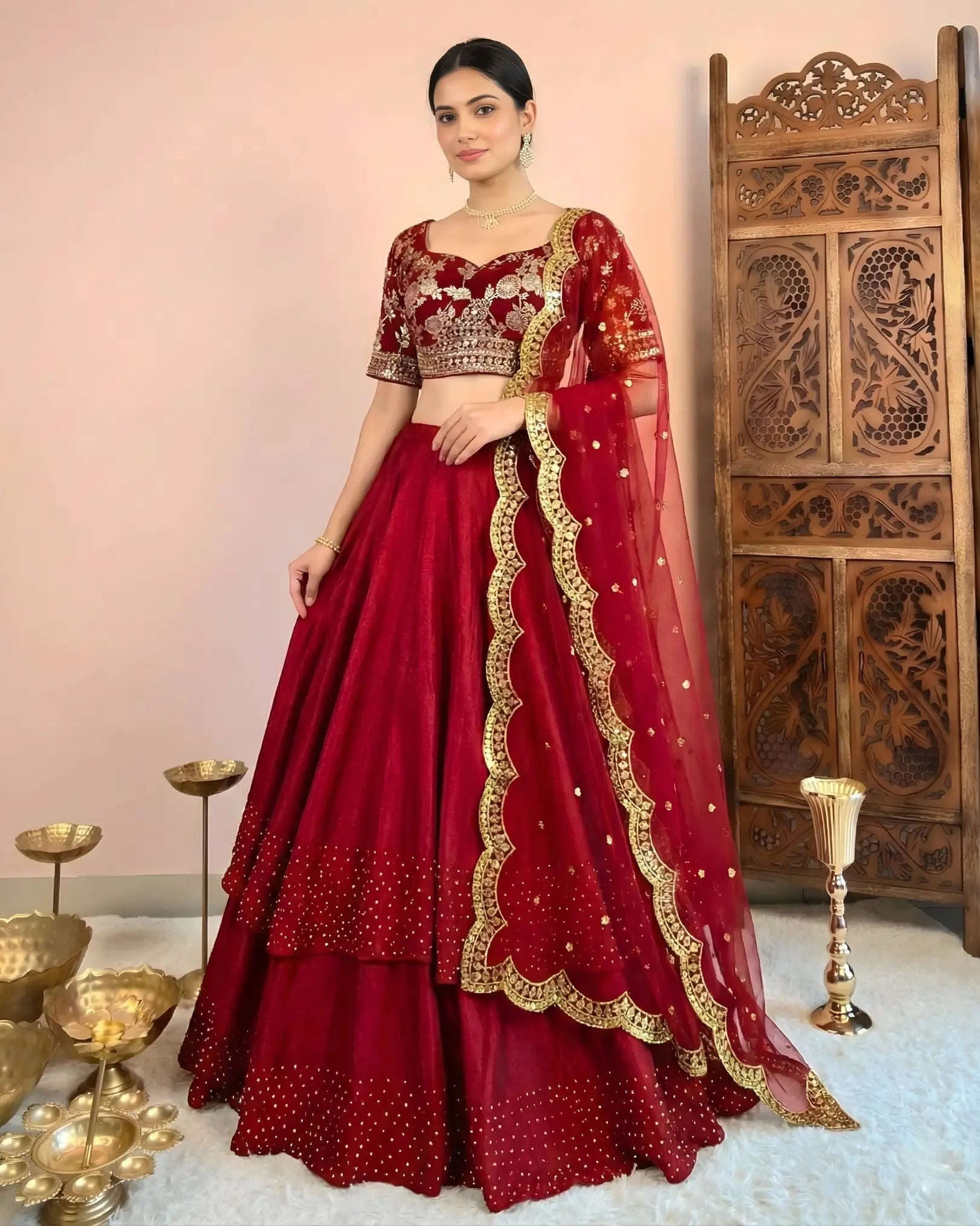Blood-Red Synthetic-Silk Zari-Brocade-Stonework Double-Layer Lehenga, Blouse & Dupatta Set.