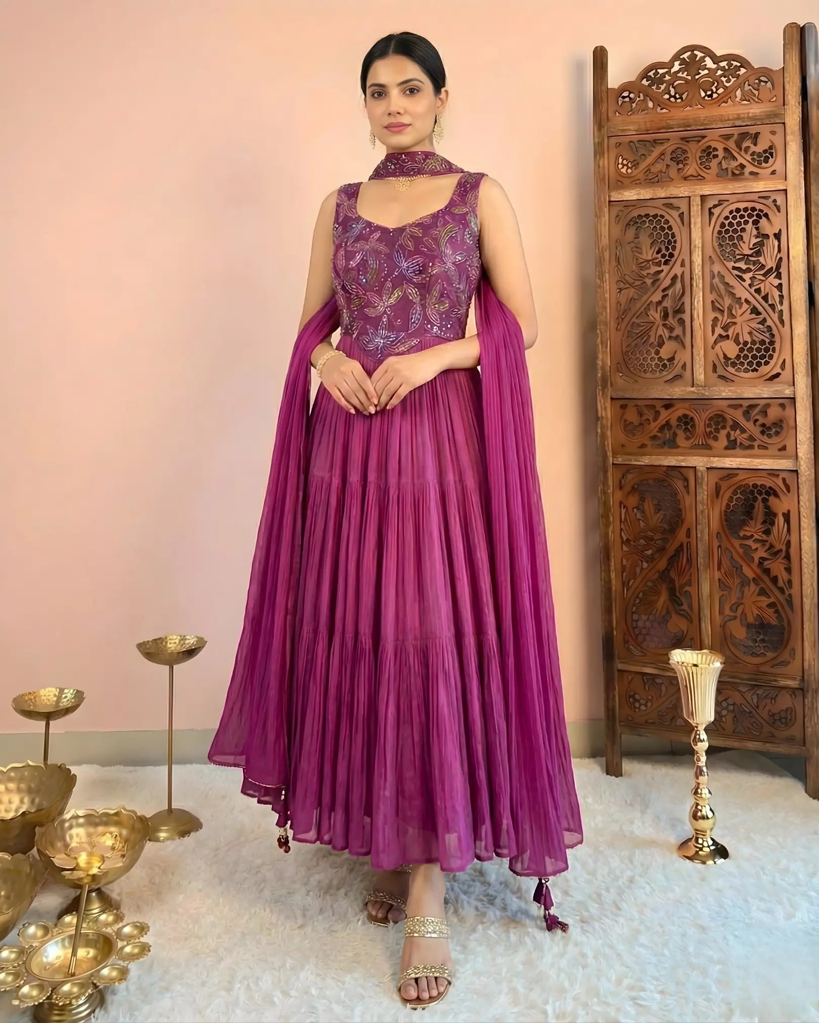 Lilac Tabby-Silk Corset-Yoke Multi-Layer Anarkali & Dupatta Set.