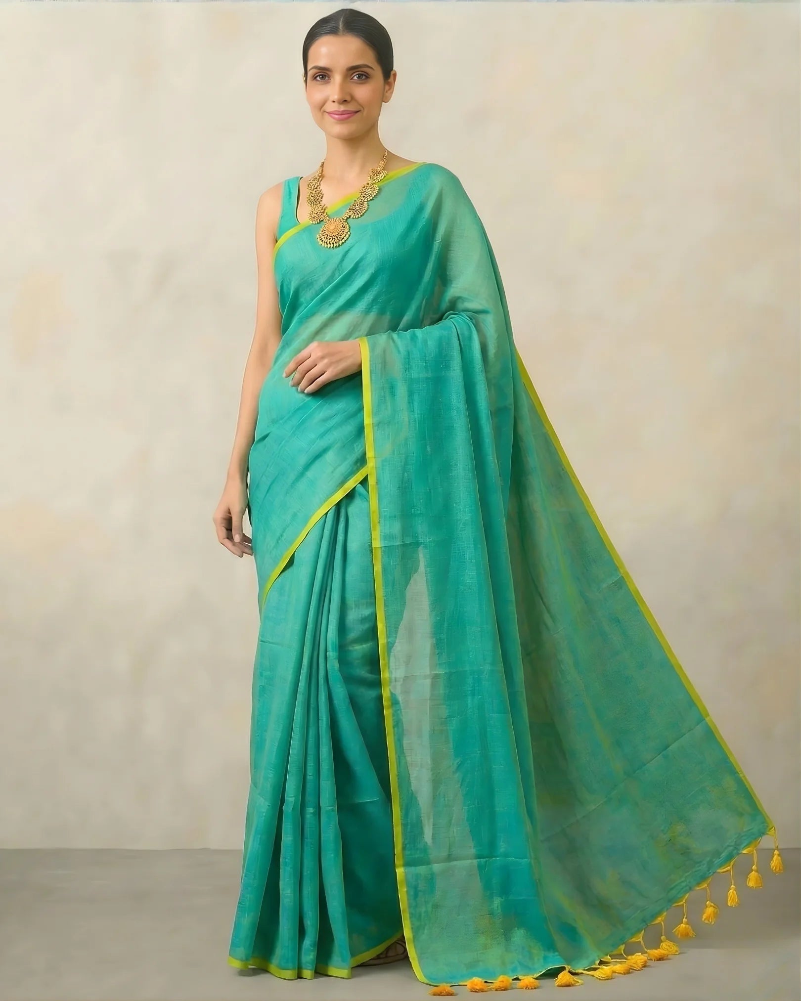 Mint-Yellow Pure-Cotton Handloom Bengal-Saree