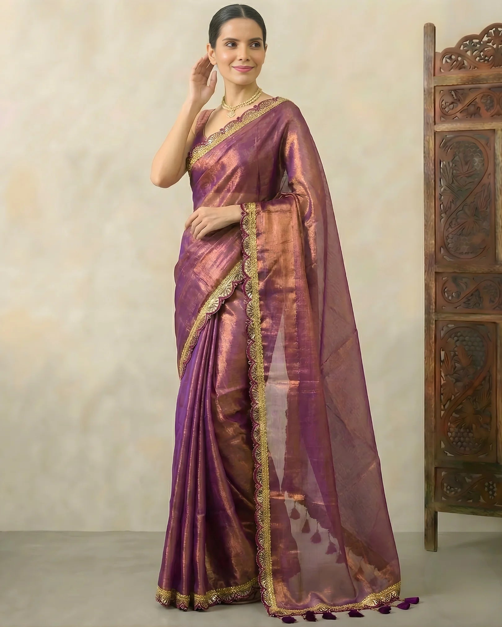 Wine-Purple Cotton-Tissue Fancy-Border Handloom Bengal-Saree
