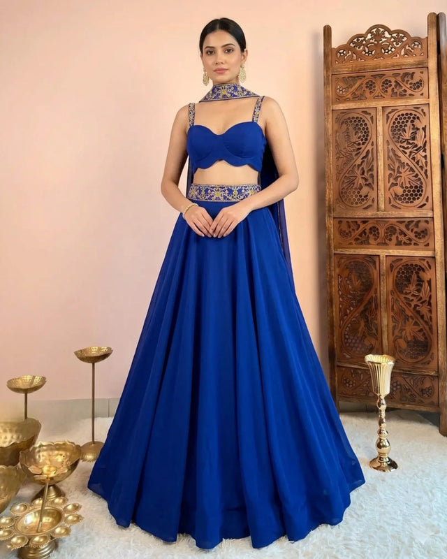 Royal Blue Georgette Kalidaar Lehenga Set - view 1
