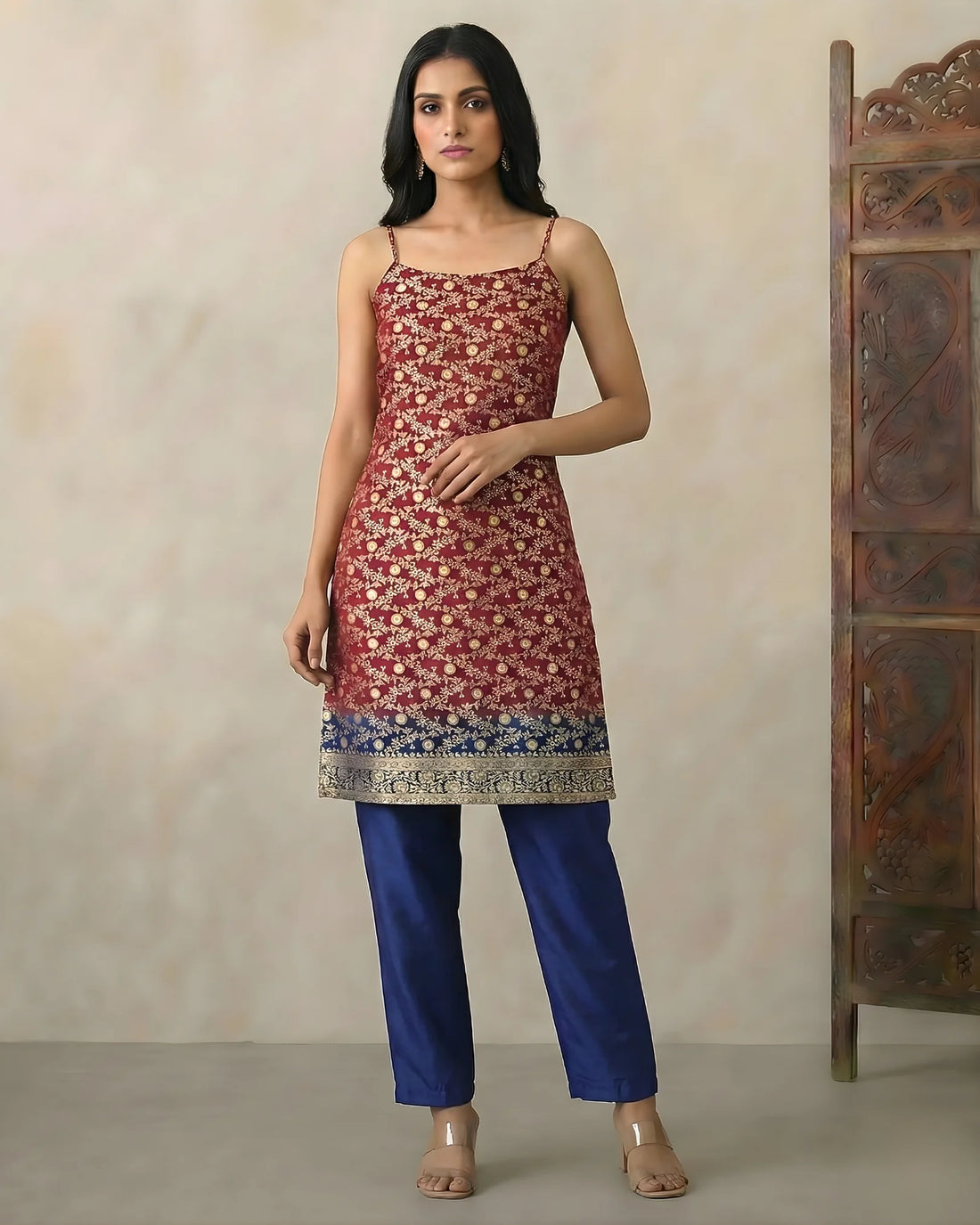 Maroon Blue Brocade Kurti Pants Co-ord Set - view 1