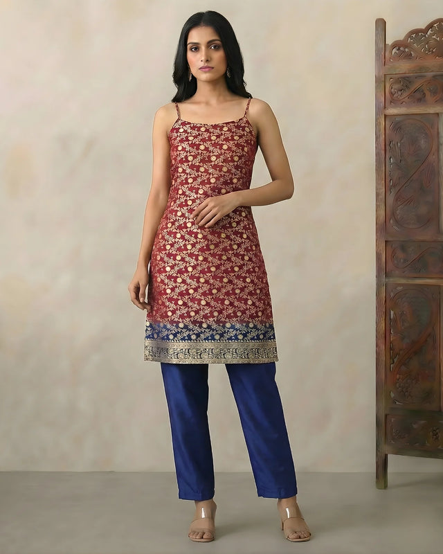 Maroon Blue Brocade Kurti Pants Co-ord Set - view 1