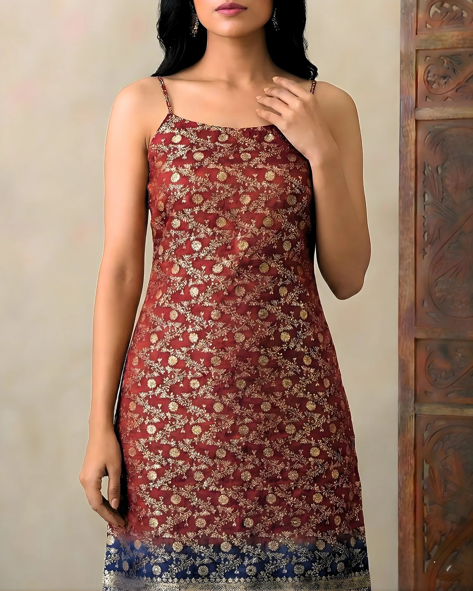 Maroon-Blue Brocade Kurti-Top & Pants Co-Ord Set.