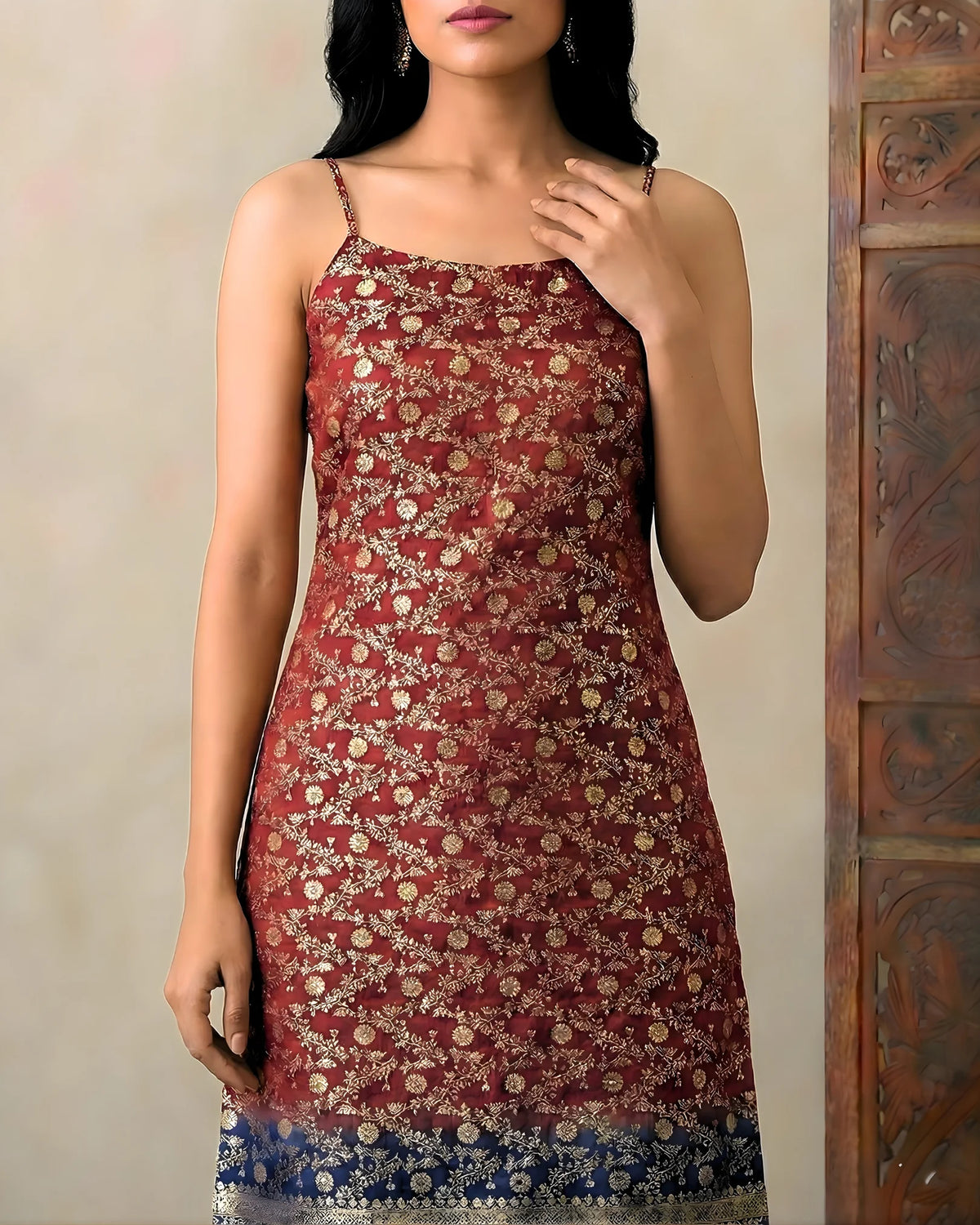 Maroon Blue Brocade Kurti Pants Co-ord Set - view 2