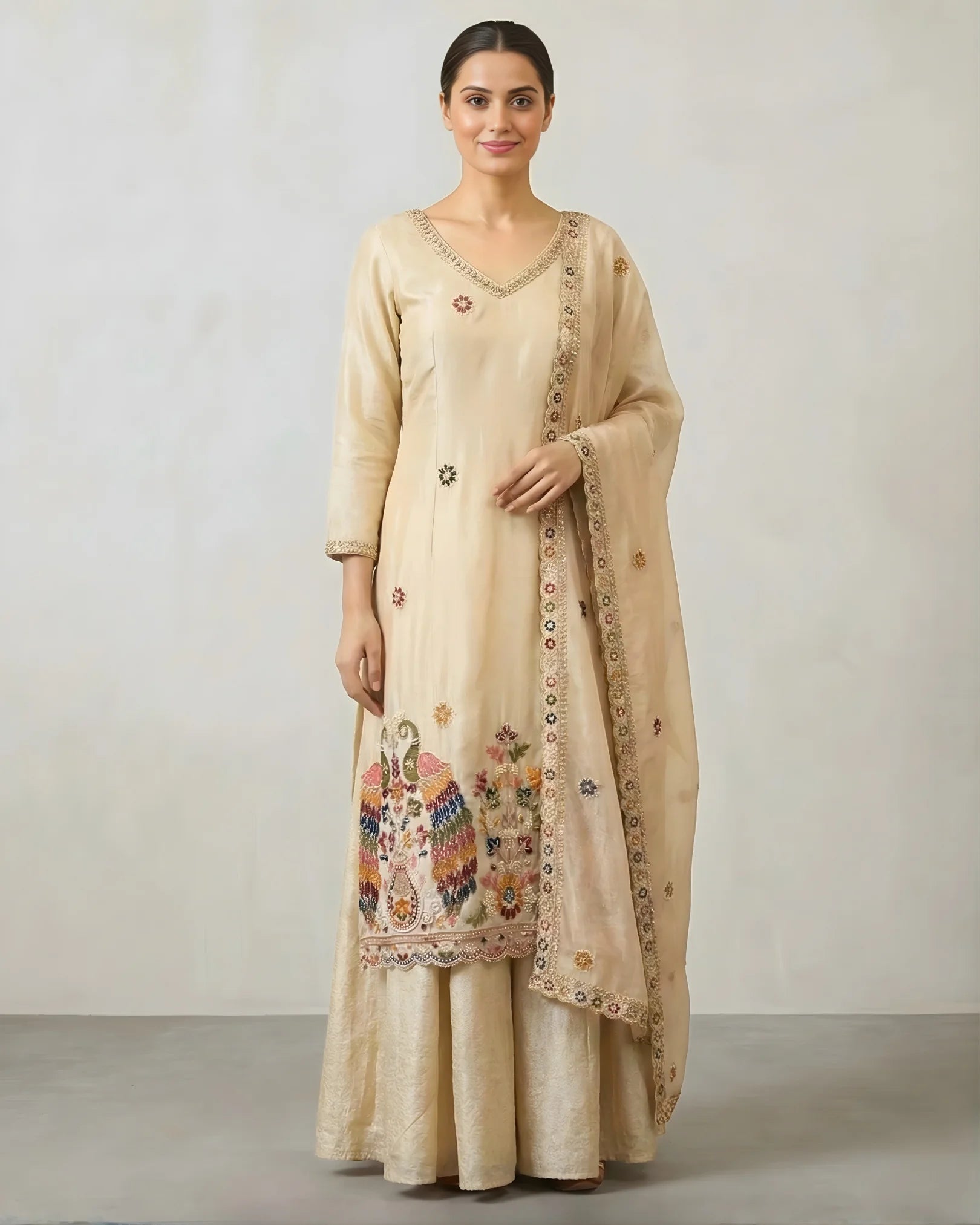 Cream Tissue-Silk Handwork-Embroidered Kurti Suit , Sharara & Dupatta Set.