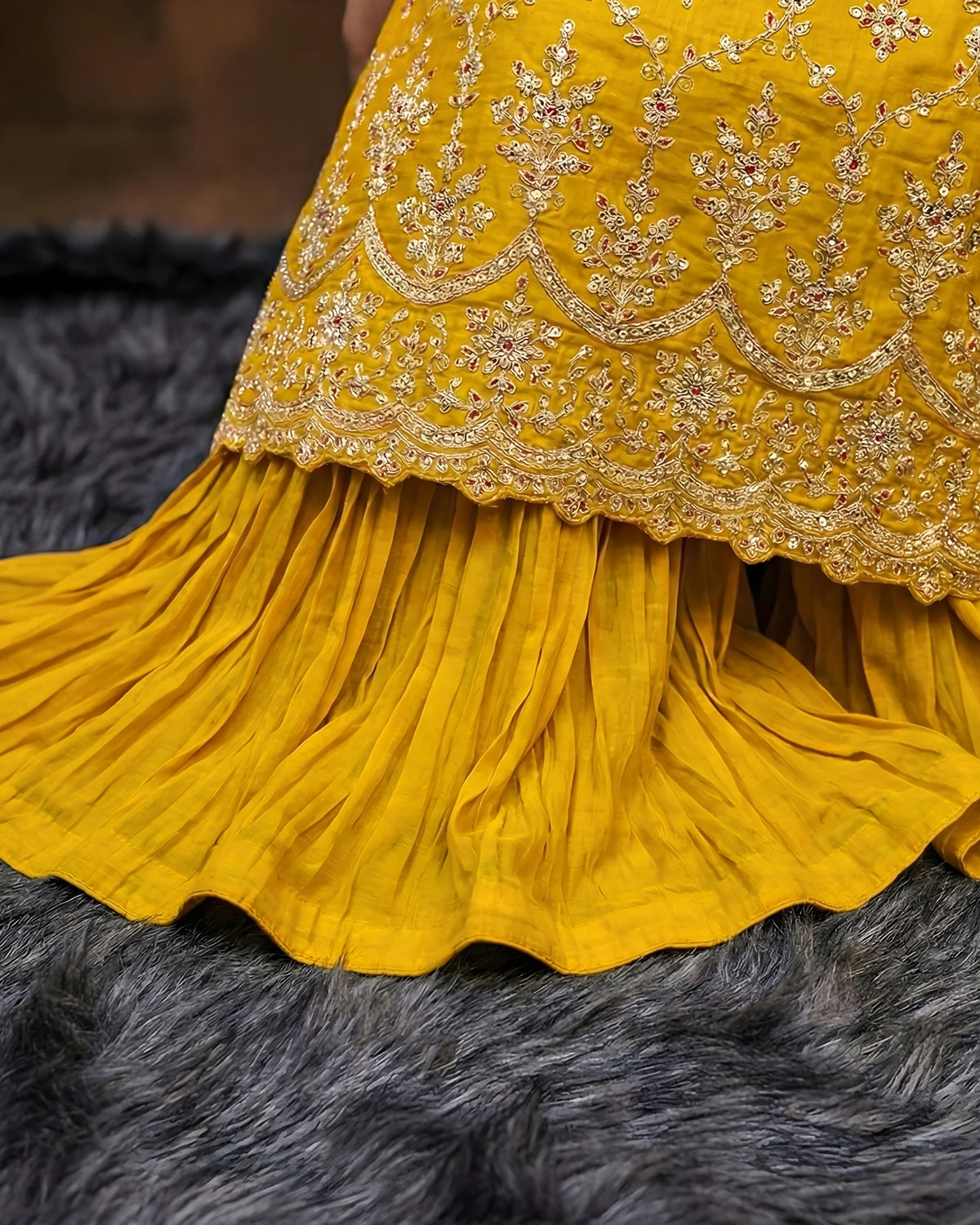 Mustard Chinnon Zari Kurti Sharara Set - view 3