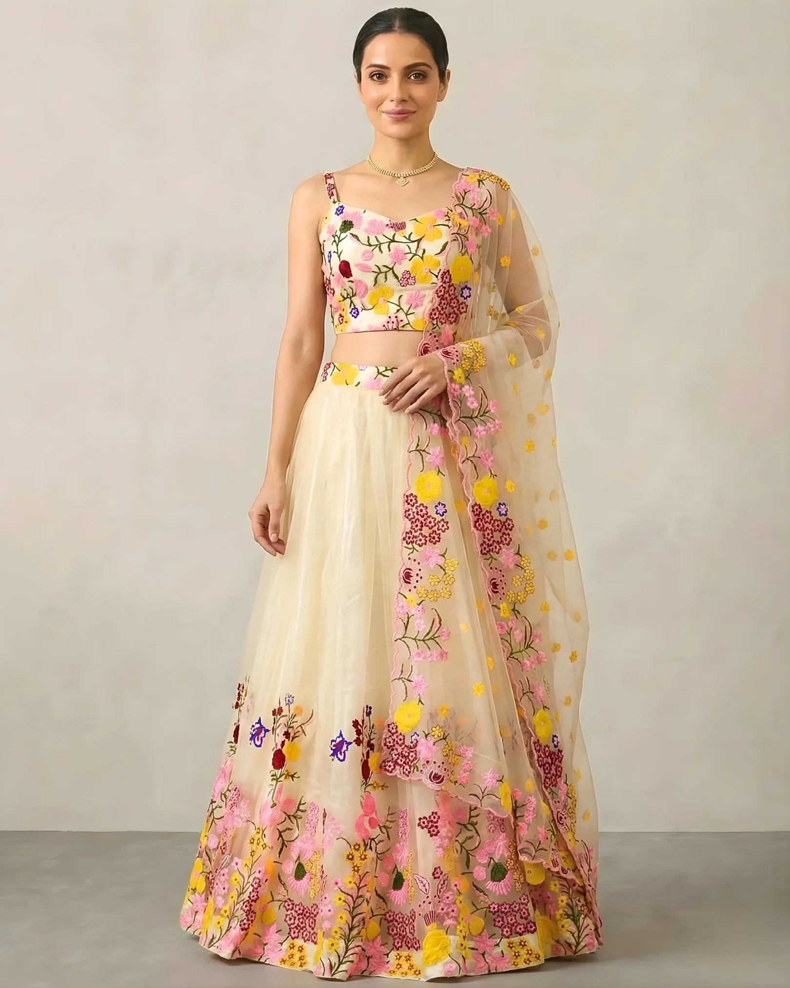 Cream Tulle-Net Multi-Thread-Embroidery Lehenga, Blouse & Dupatta Set.