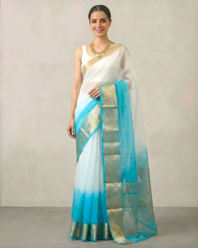 White Blue Ombre Organza Banarasi Saree - view 1