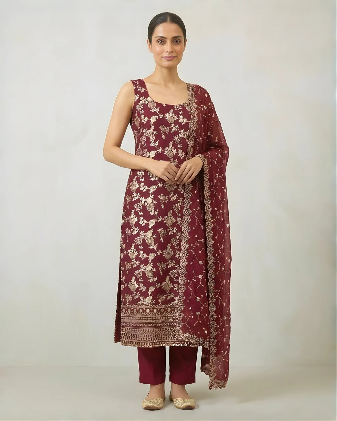 Maroon Banarasi Brocade Kurti Pants Set - view 1
