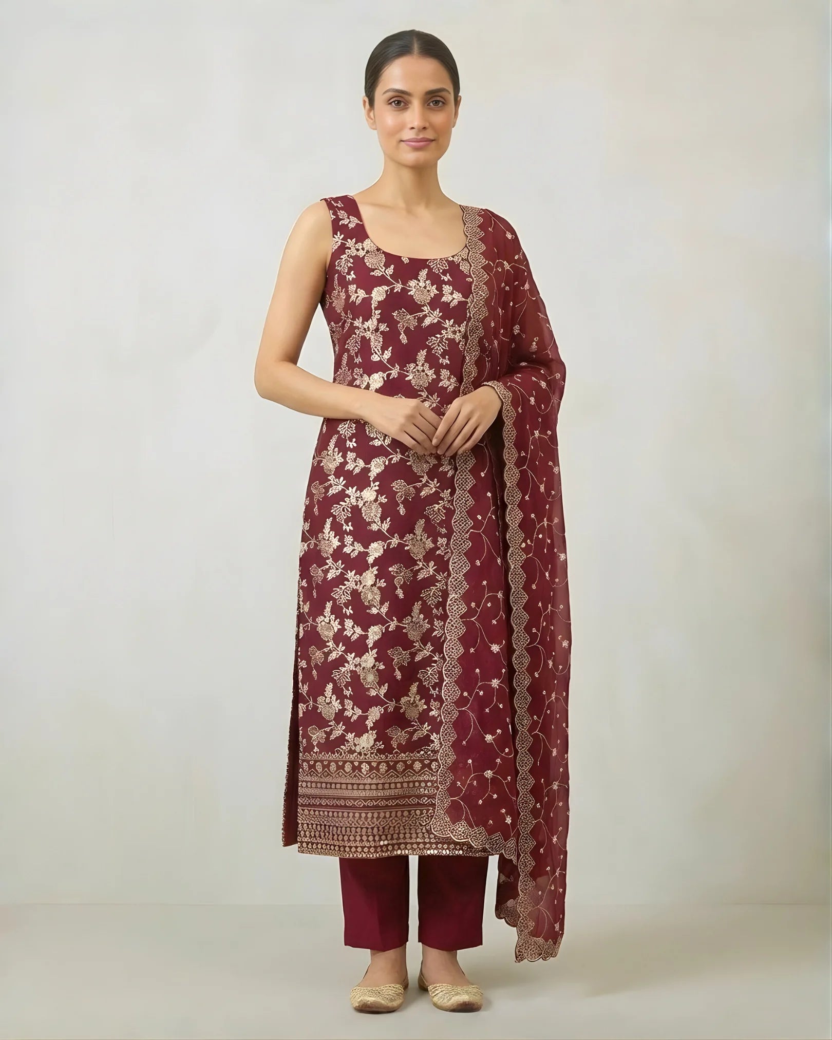 Maroon Banarasi-Brocade Sequin-Embroidery Long-Kurti-Top , Pants & Dupatta Set.