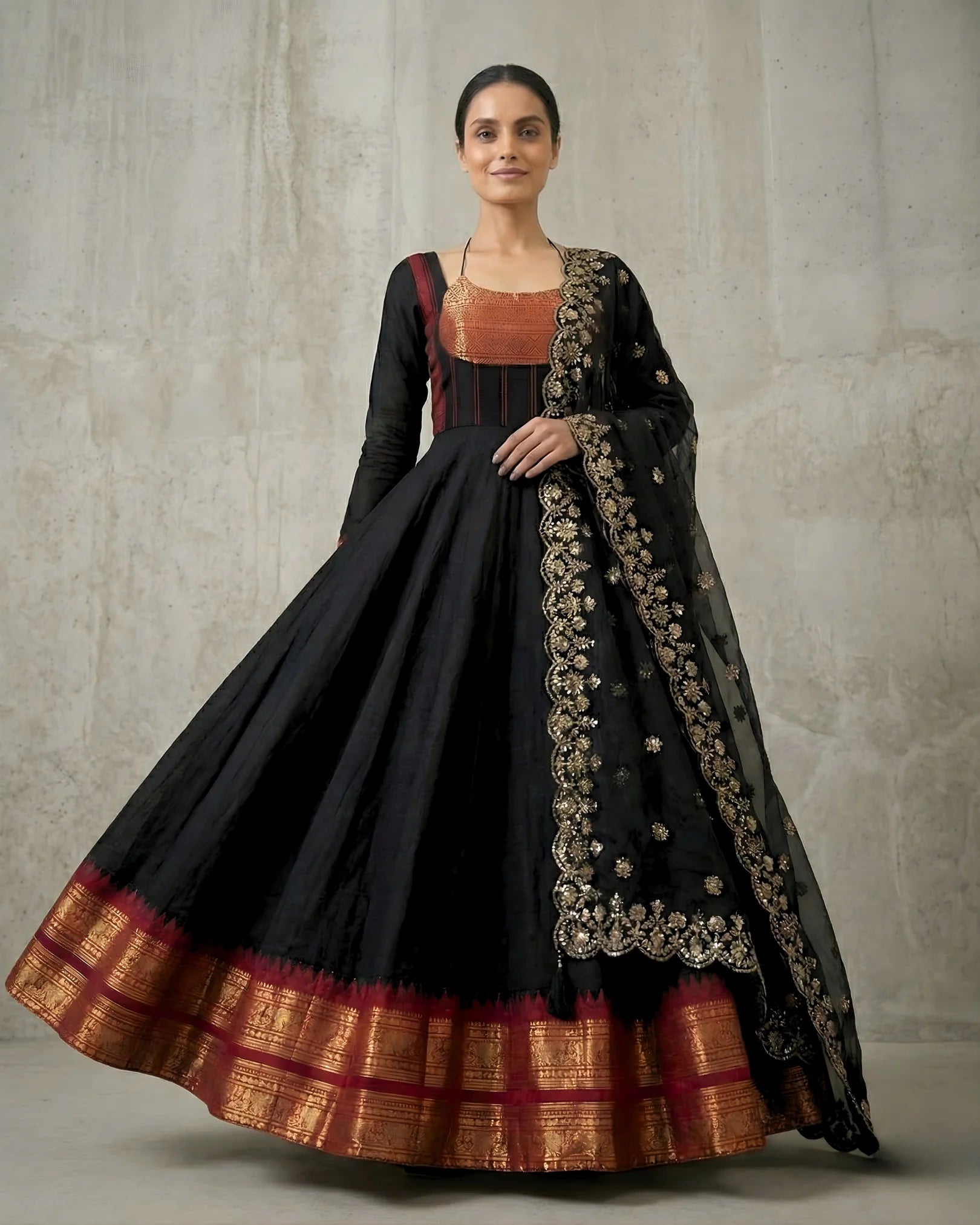 Black-Red South-Cotton Zari-Weaving Long-Anarkali-Top & Dupatta Set.