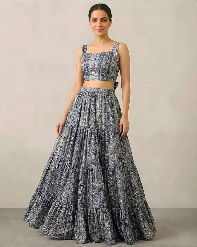 Blue Muslin Aztec Print Lehenga Crop Top Set - view 1