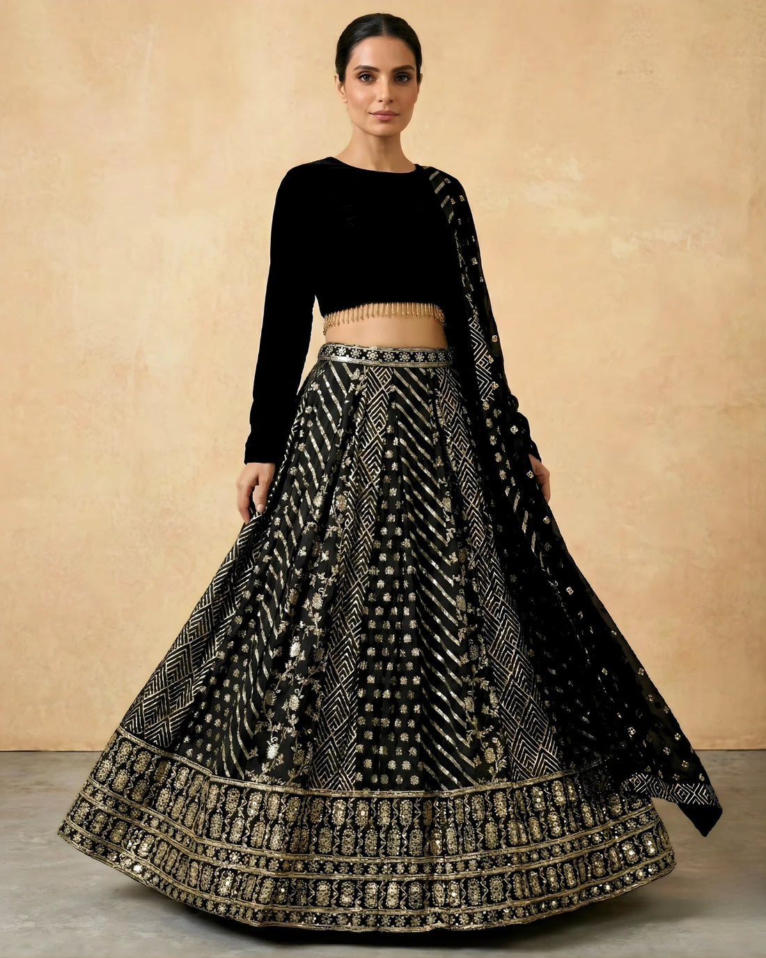 Black Brocade Mirror Work Lehenga Set - view 3