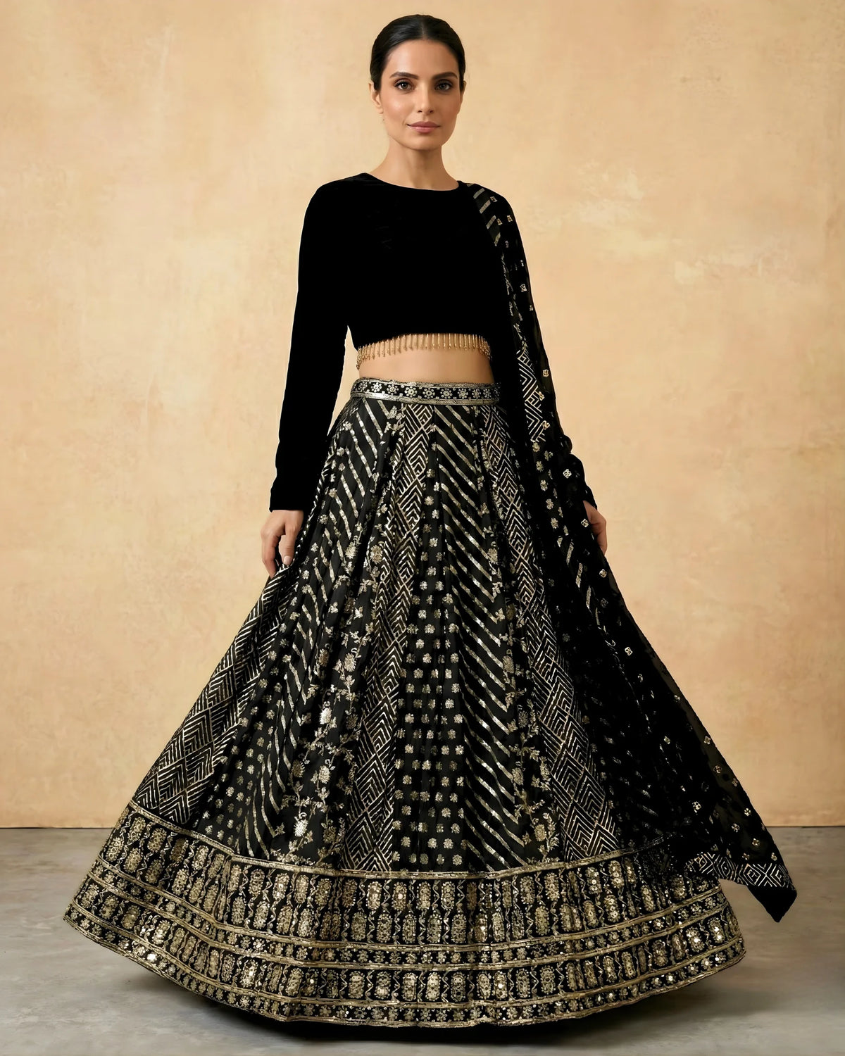 Black Brocade Mirror Work Lehenga Set - view 3
