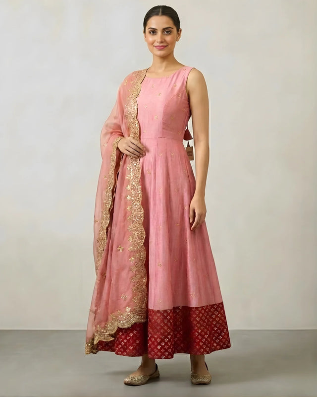 Light Pink Cotton Silk Anarkali Dress Set - view 1