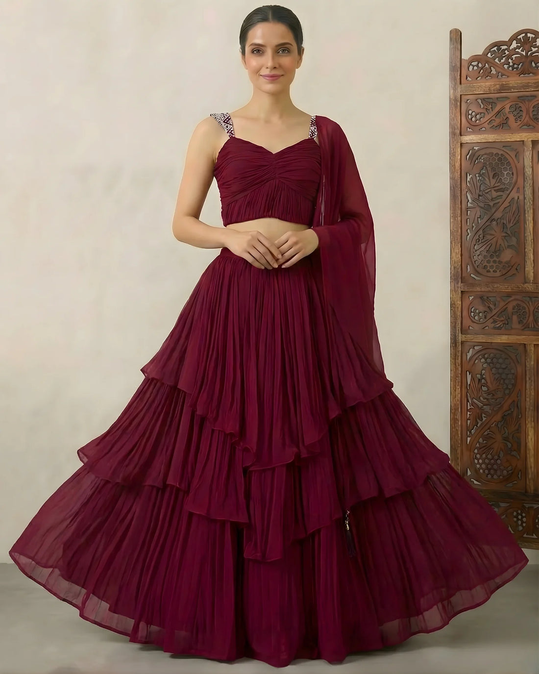 Purple Wine Georgette Layered Lehenga Set - view 4