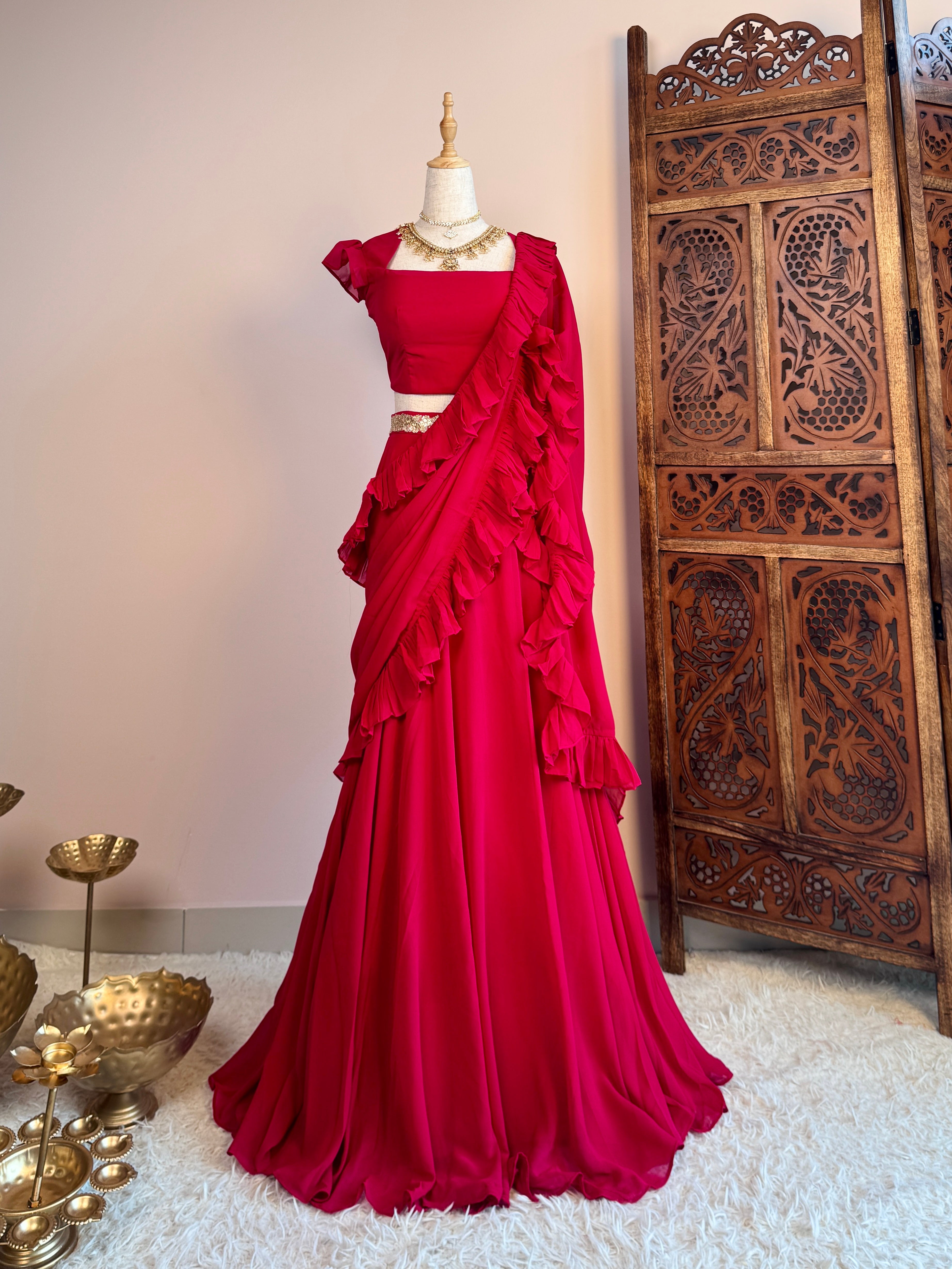 Cherry-Pink Silken-Georgette Pleated-Lehenga-Blouse-Ruffle-Dupatta-Set