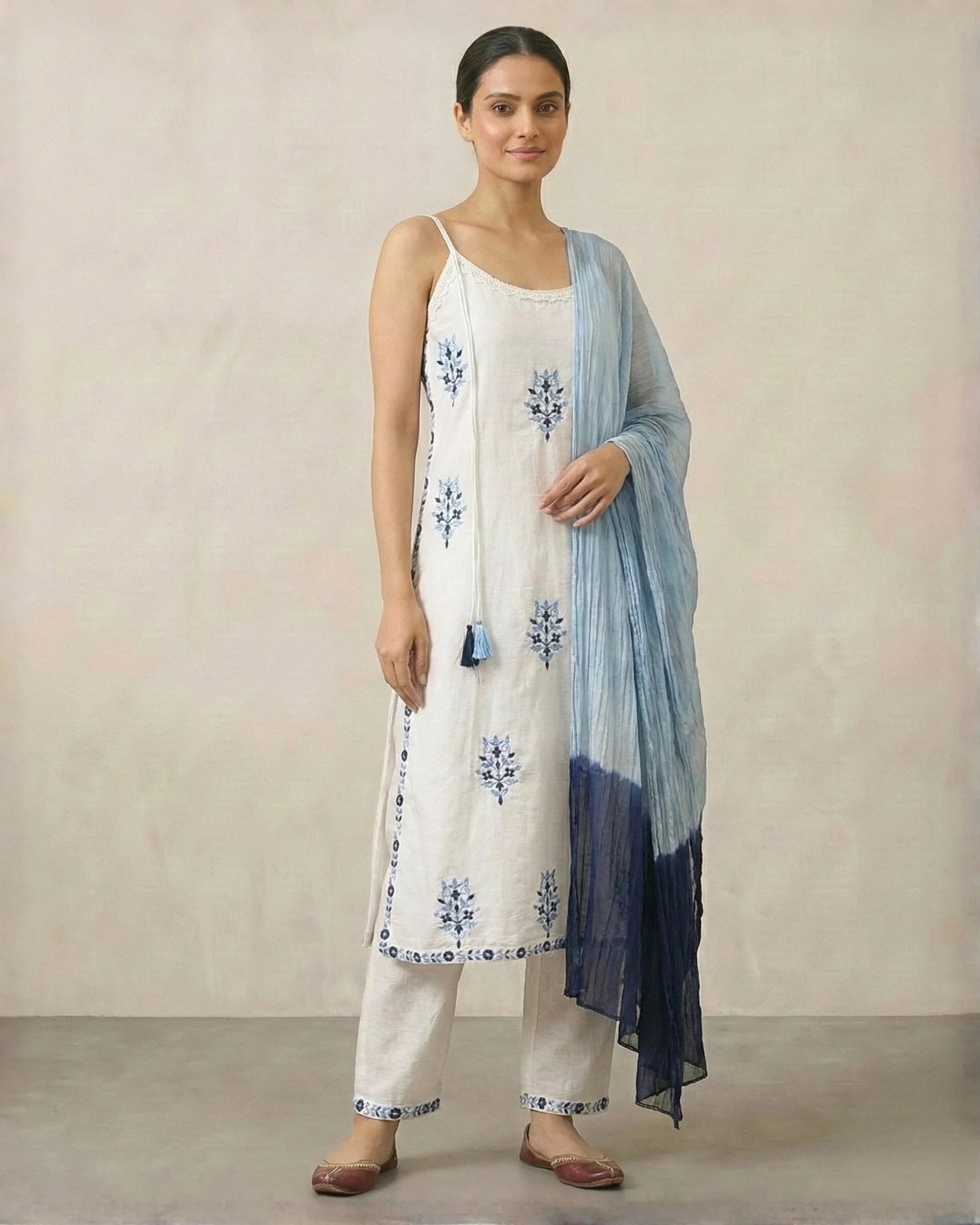 White Cotton-Slub Thread-Embroidery Kurti-Top , Pants & Dupatta Set.