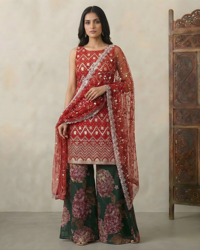 Red Banarasi Sequin Kurti Palazzo Set - view 1