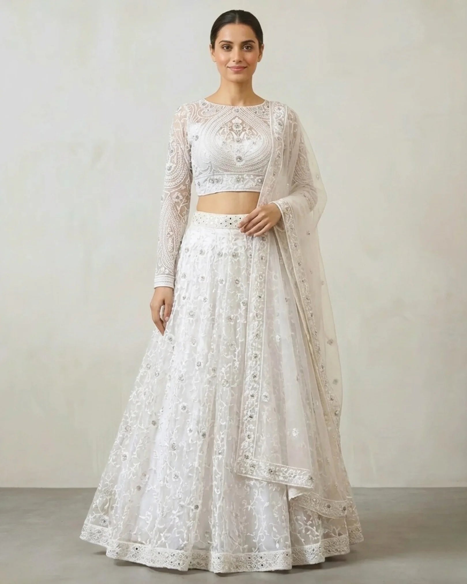 Pure-White Thread-Pearl-Embroidery Tulle-Net  Lehenga , Blouse & Dupatta Set.