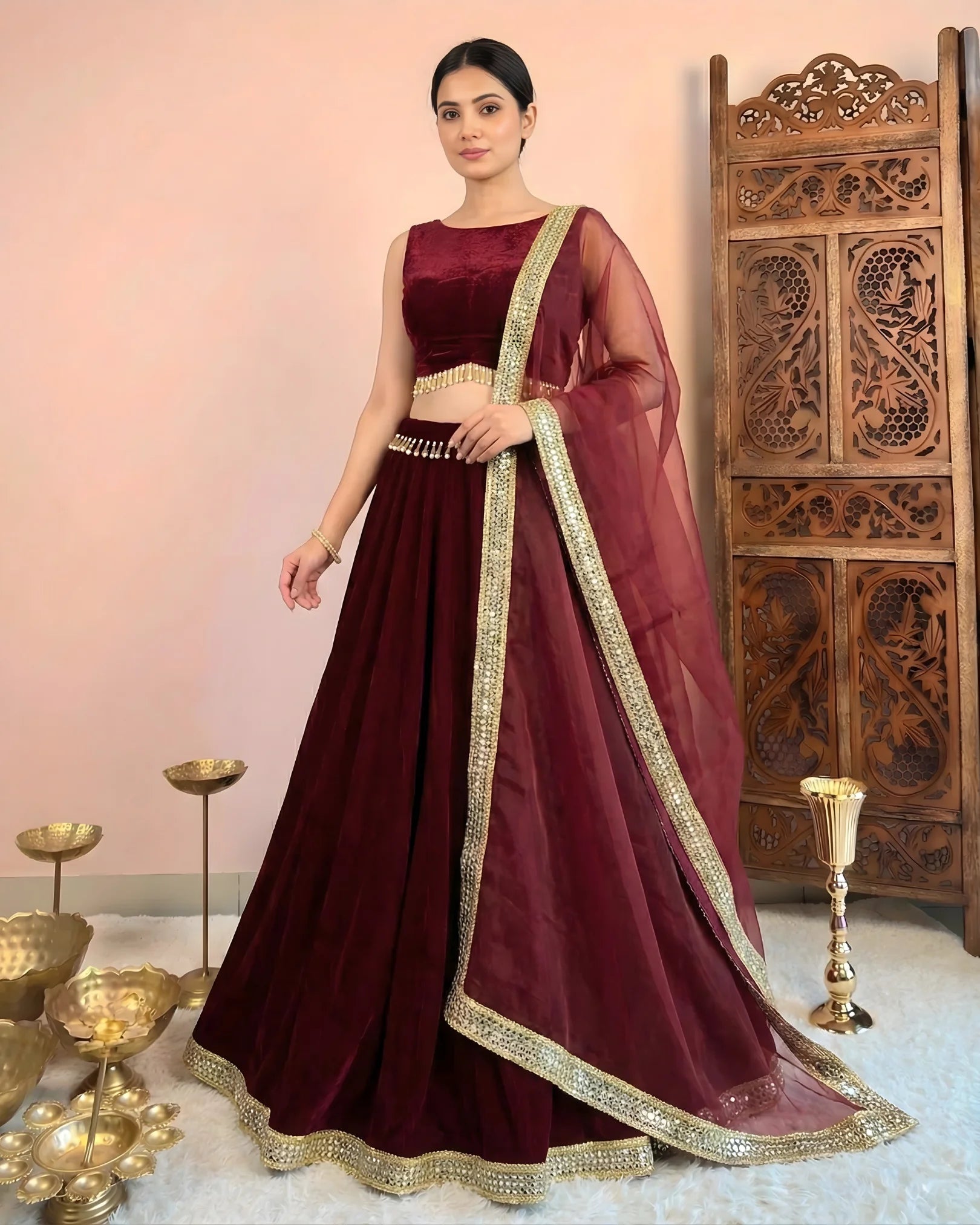 Red-Wine Plain Velvet Lehenga, Blouse & Dupatta Set.