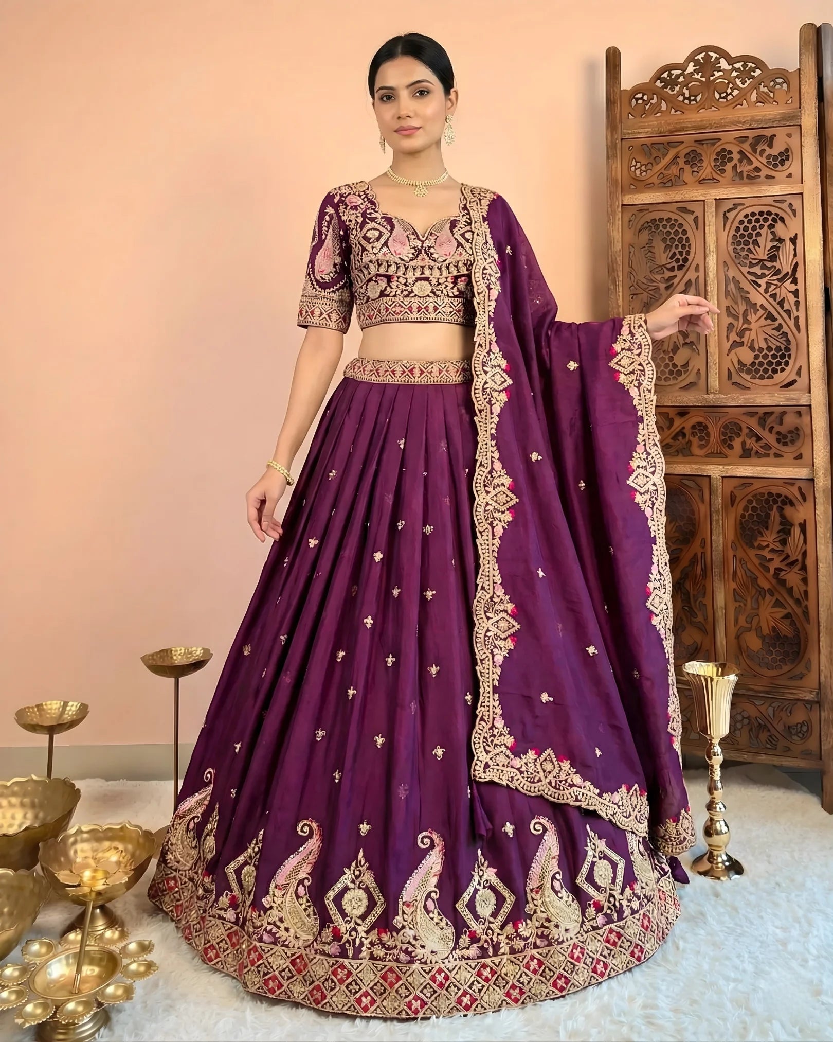 Dark-Purple Synthetic Silk Thread-Embroidery Lehenga, Blouse & Dupatta Set.