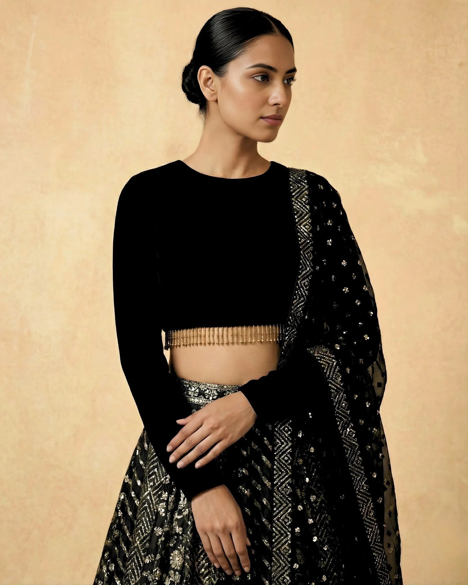 Black Banarasi-Brocade Faux-Mirror-Embroidery Box-Pleated Lehenga, Velvet Blouse & Dupatta Set.
