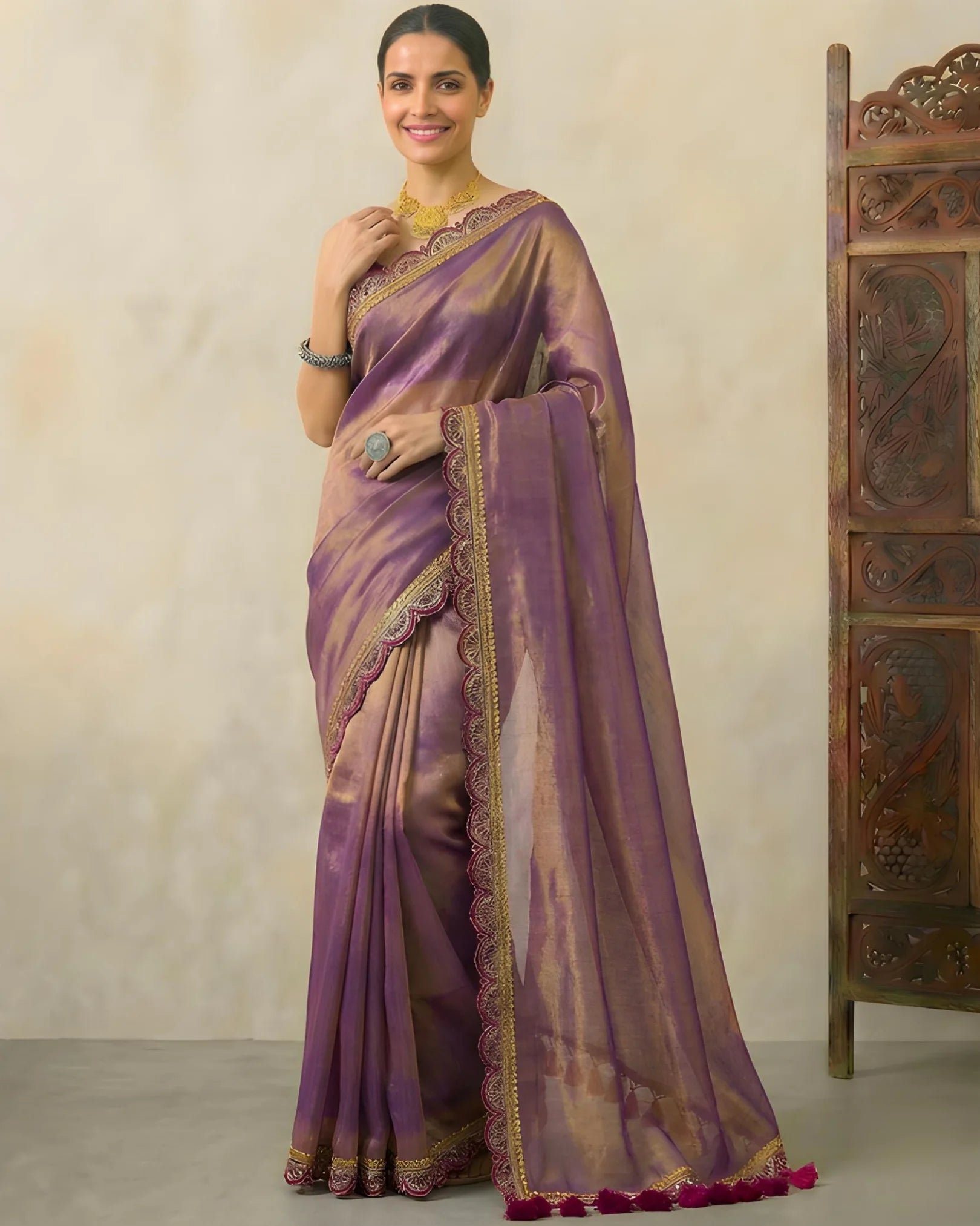 Lavender-Purple Cotton-Tissue Fancy-Border Handloom Bengal-Saree