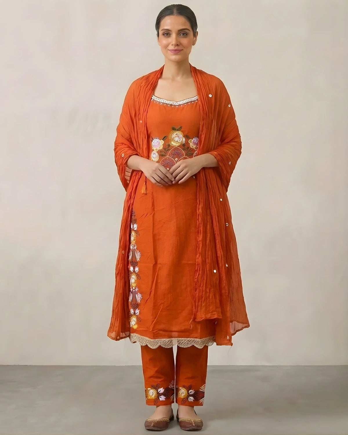 Orange Cotton Embroidered Kurti Pants Set - view 3