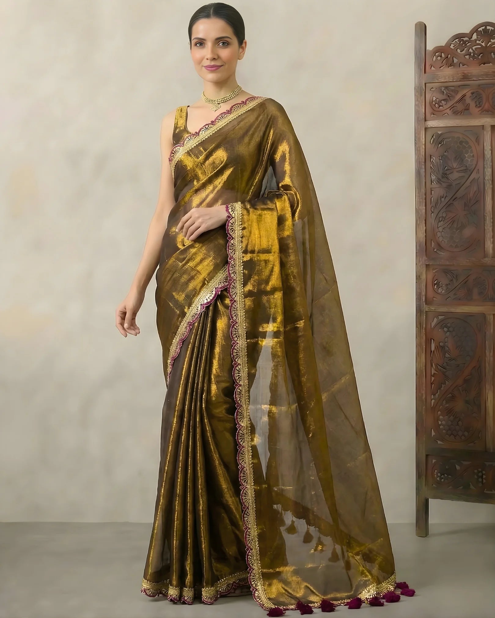 Copper-Gold Cotton-Tissue Fancy-Border Handloom Bengal-Saree