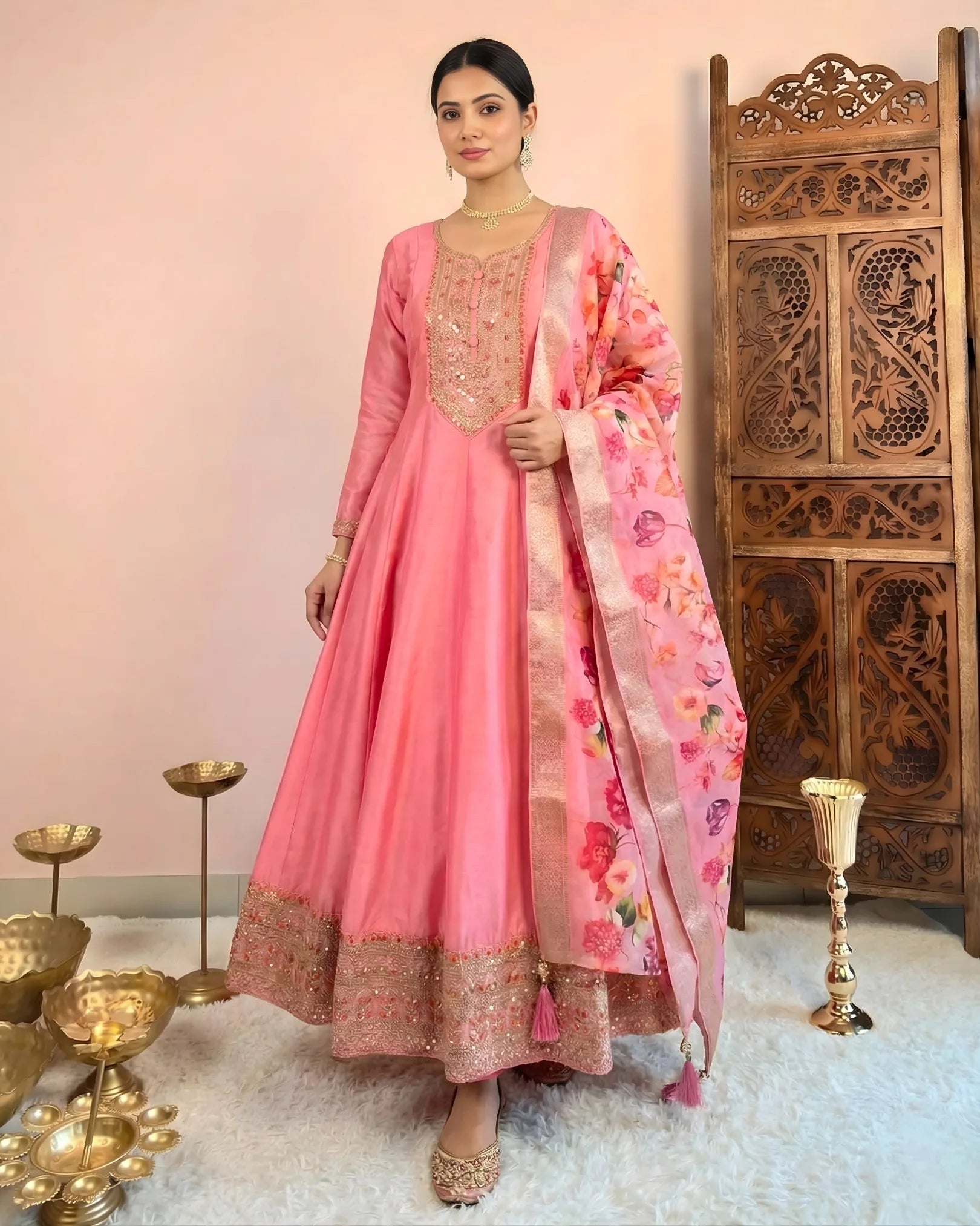 Light-Pink Rayon-Silk Embroidered Anarkali-Dress, Pants & Dupatta Set.