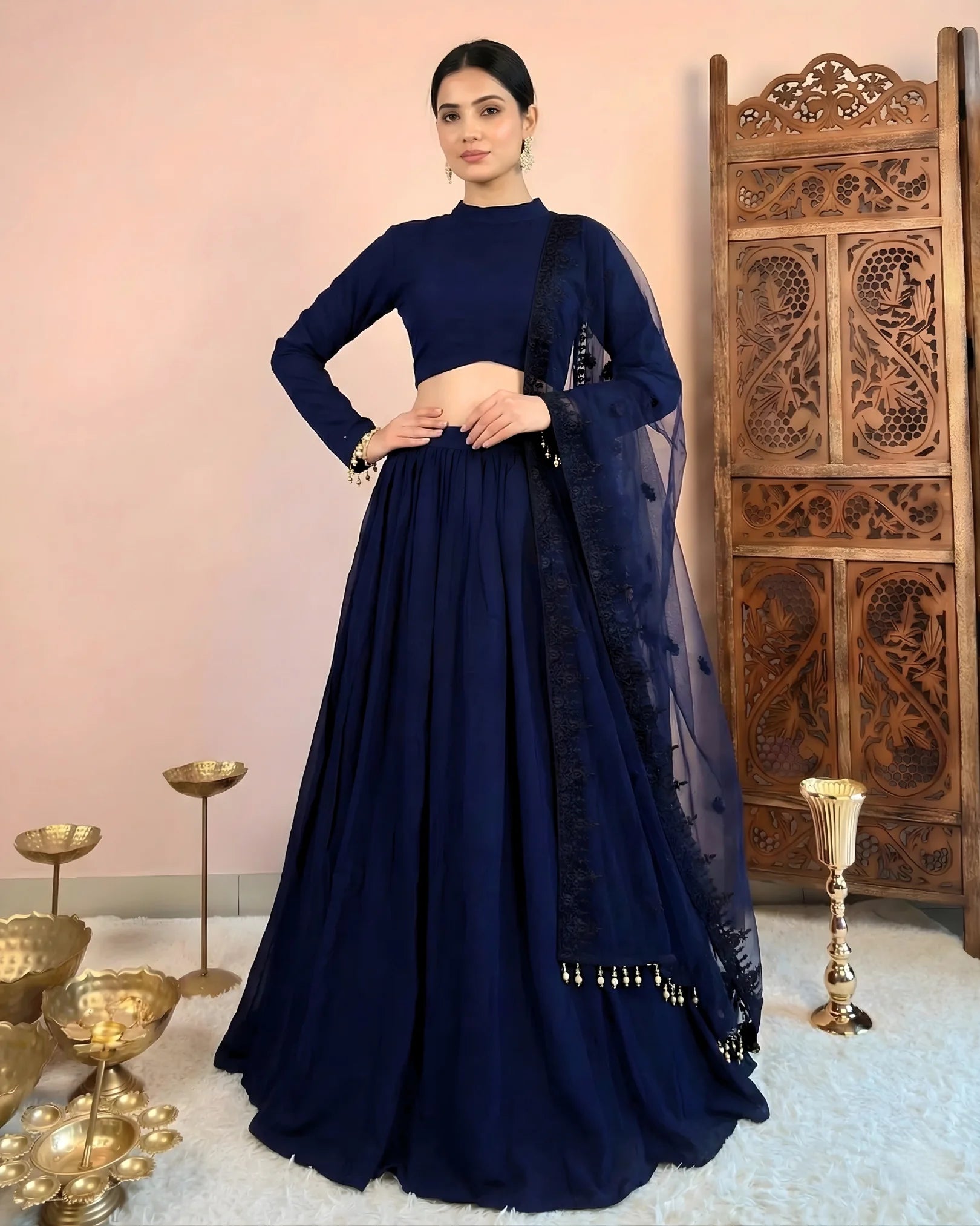 Navy-Blue Plain Chinnon Lehenga, Blouse & Dupatta Set.