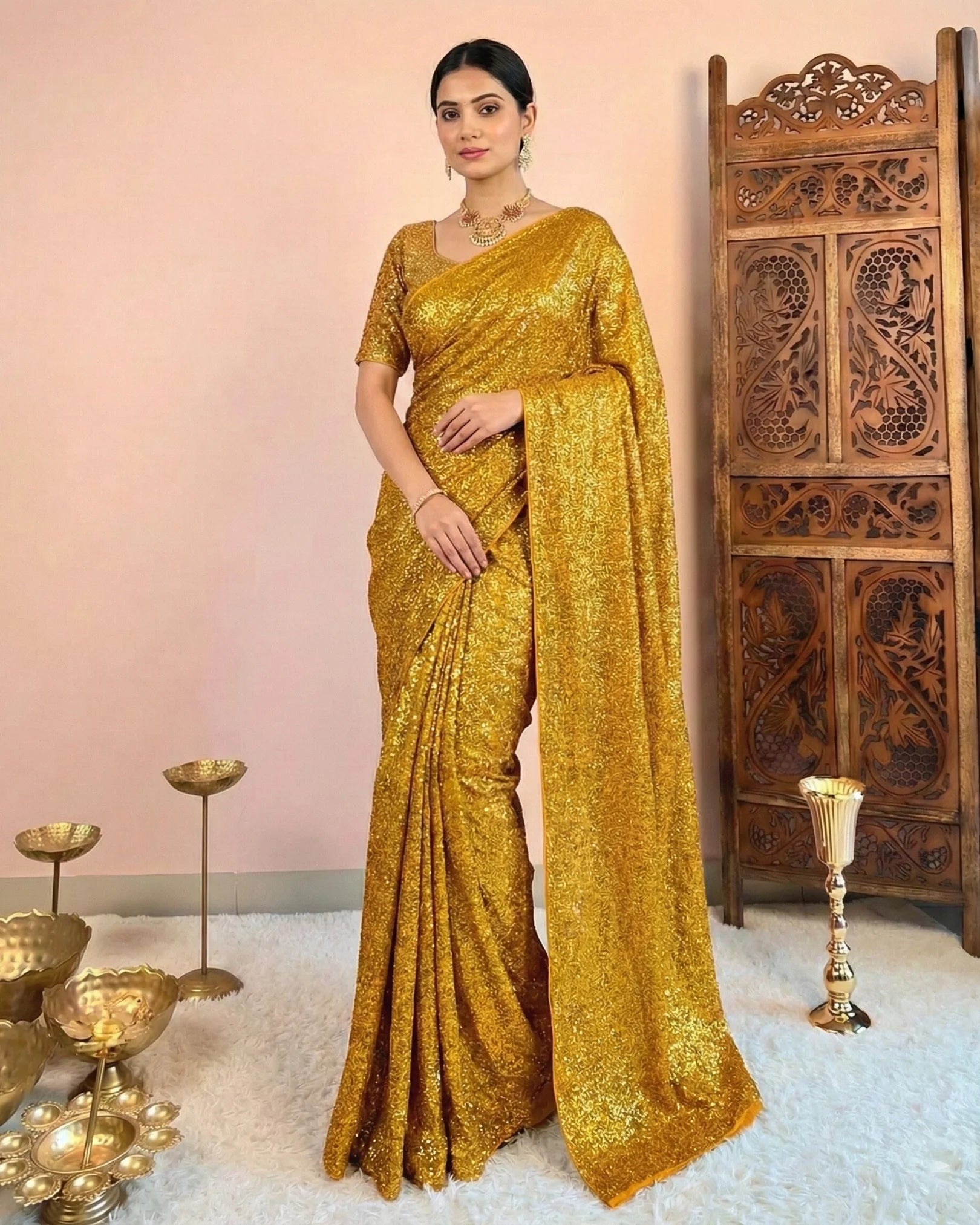 Gold Sequin-Stitched Georgette North-Saree