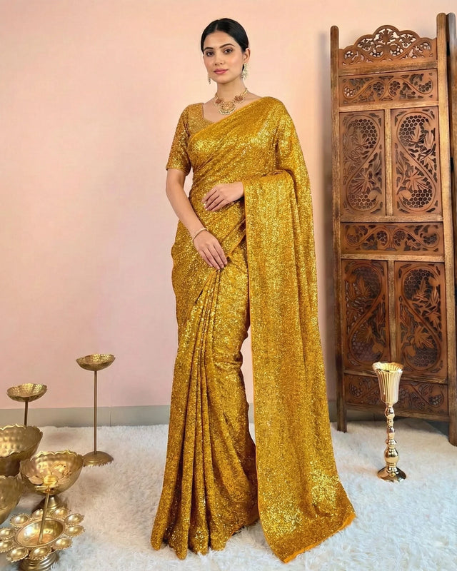 Gold Sequin Georgette North Saree - view 1