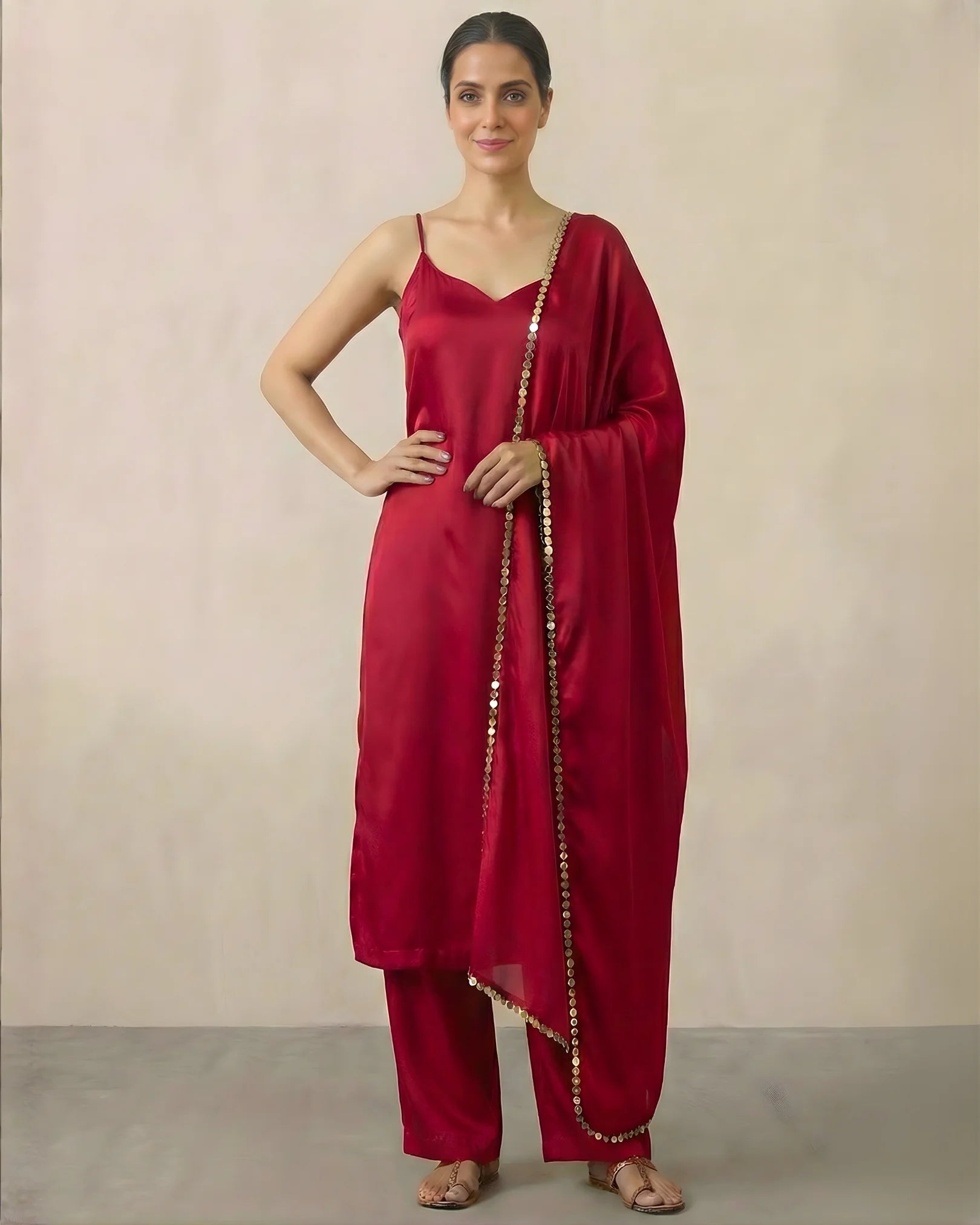 Blood-Red Crepe-Silk Plain Kurti-Top, Pants & Dupatta Set.